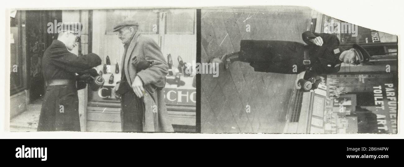 Collecte Winterhulp NSB (serietitel) A. Mitglied der WA sammelt für die Winterhilfe. Hinter ihm ein Geschäft in Parfümerie und Toilettenartikeln. B. EIN Mitglied der WA, der gleiche Mann wie oben, sammelt sich für die Winterhilfe. Ein alter Mann hat gerade etwas Geld gegeben. Dahinter ein Schokoladengeschäft in Artikeln. Hersteller : Fotograf: Fotodienst NSBPlaats Herstellung: Utrechter dating: 1940 - 1944 Material: Papiertechnik: Fotografie Abmessungen: H 3 cm. (Zwei Kontaktblätter zueinander) b × 9 cm. ToelichtingHet betrifft zwei Kontaktblätter, zusammen riesig. Betrifft: Zweite Welt, Wenn: 1933 - 1944 Stockfoto