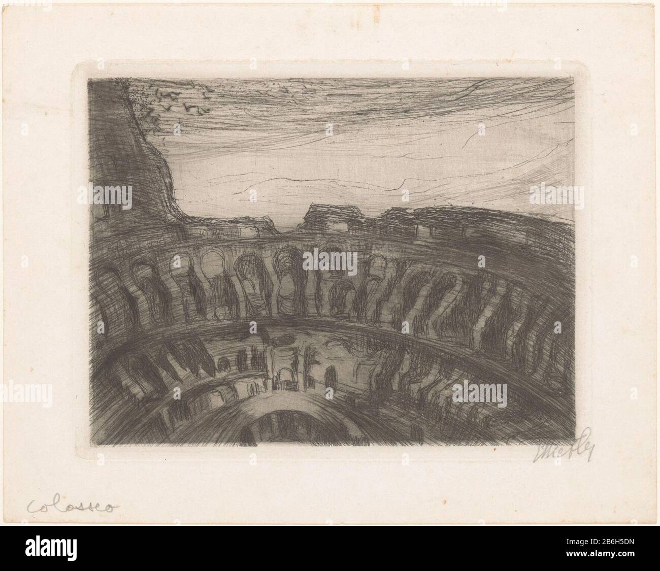 Colosseo (Originaltitelobjekt) das Kolosseum Interior in Rom. Hersteller: Druckmaschine: Etha Fles (persönlich unterzeichnet) Datum: Von 30-1948 Material: Papiertechnik: DRYPOINT / Aquatint Abmessungen: Plattenkante: H 148 mm × W 192 mm Betreff: Amphitheater Stockfoto