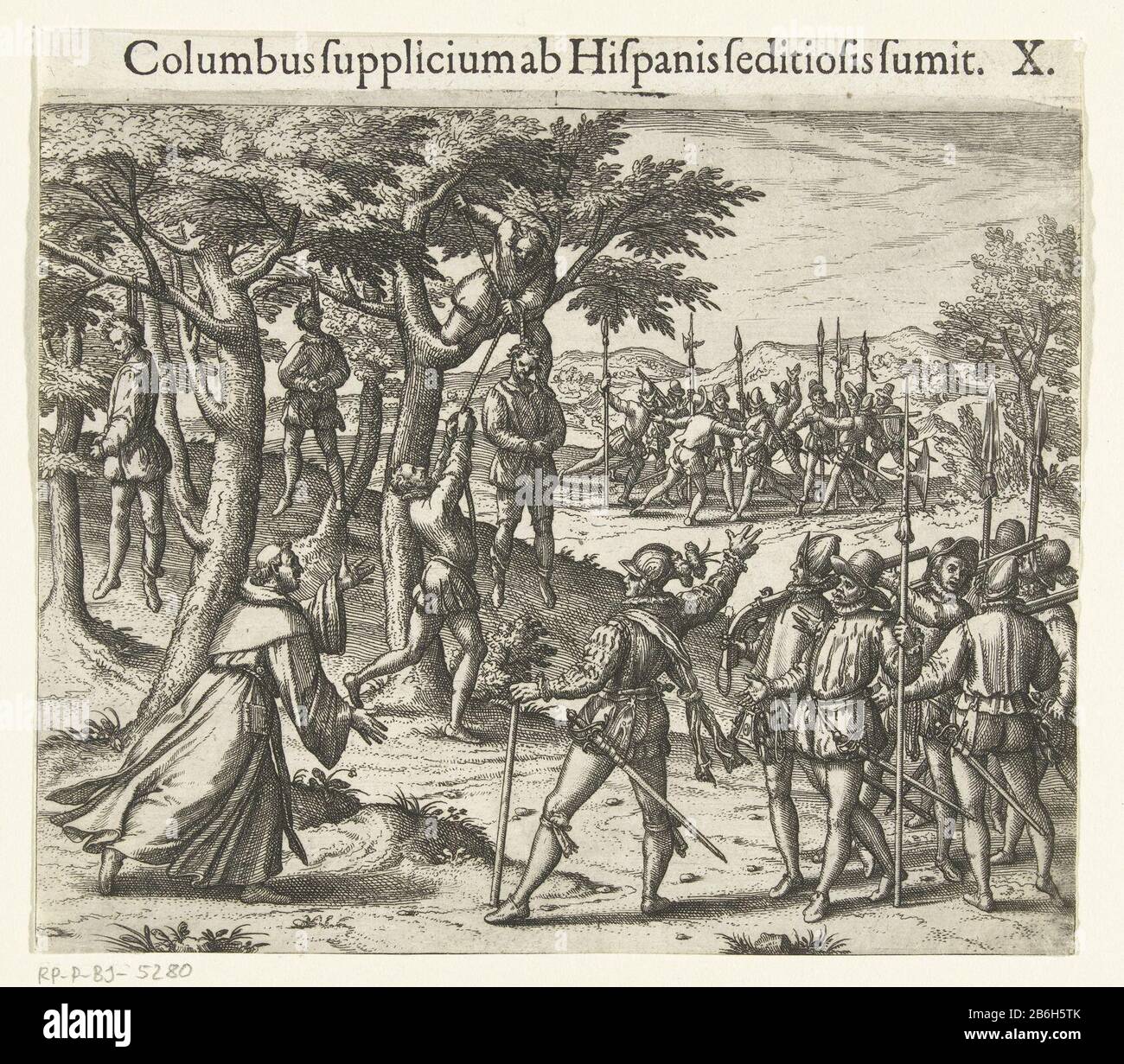 Kolumbus permit muitende soldaten ophangen Kolumbus Hispa (titel op object) Westindien 4 (serietitel) Christoph Kolumbus lässt einen Teil mutwilliger Soldaten hängen. Ein Mönch läuft auf Kolumbus los, um ihn daran zu hindern. Im Hintergrund sind die Soldaten von anderen in der Bucht aufsässiger, als sie gehalten werden. Hersteller : Druckmaschine: Theodor de Bryprentmaker: Johann Theodor de Brynaar eigenes Design: Theodor der BryPlaats Herstellung: Frankfurt Datum: 1594 Physikalische Merkmale: Radierung und Textdruckmaterial : Papiertechnik: Radierung / Briefpresseabmessungen: Blatt: 195 mm × h 170 b mmToelichtingAfter von Stockfoto