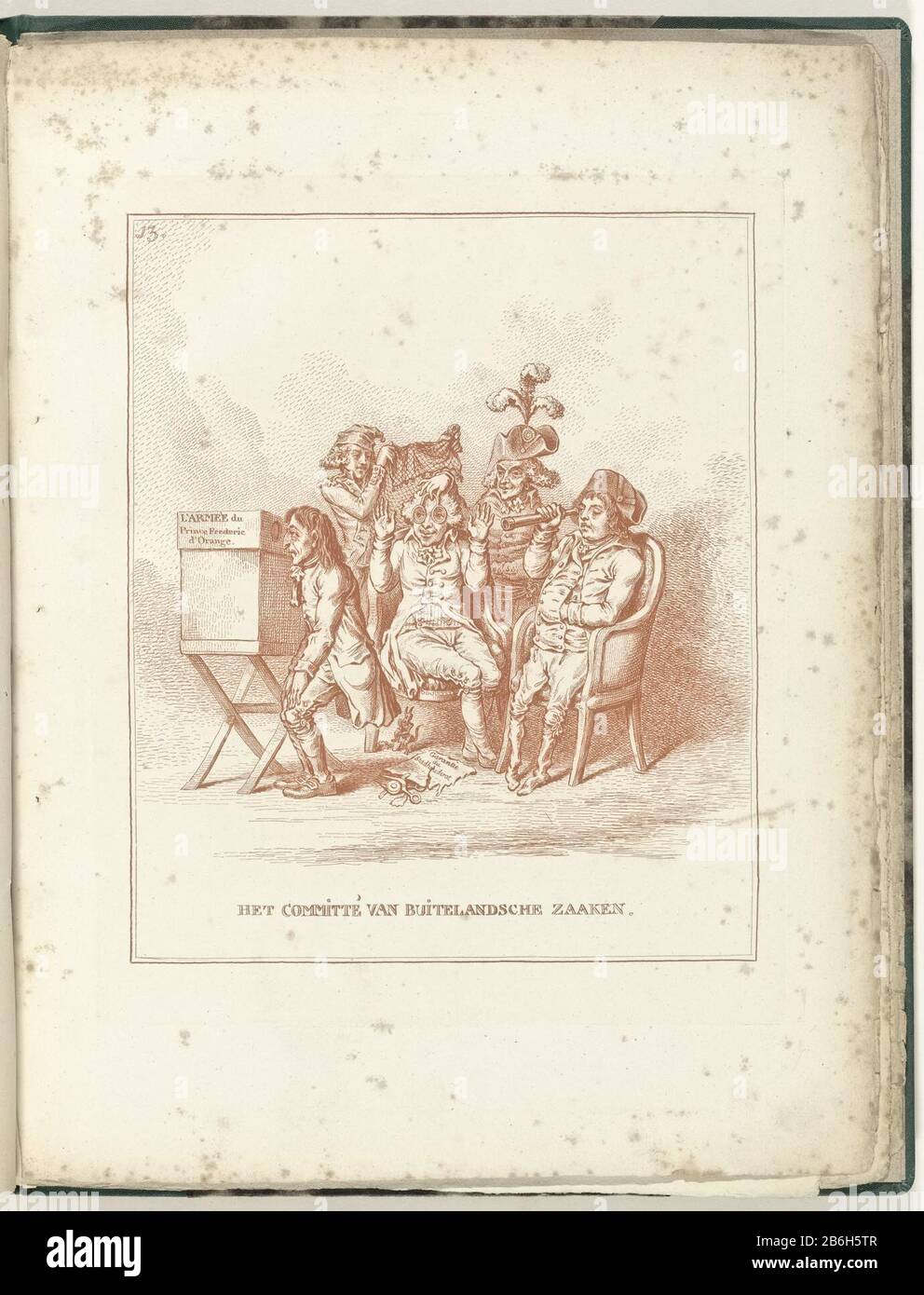 Cartoon im Ausschuss für auswärtige Angelegenheiten, 1795er. Die Mitglieder des Ausschusses können nur sehen, wie sie unterschiedliche optische Instrumente einsetzen. Links ist ein Diorama, der in die mögliche Ankunft der Armee von Friedrich, Prinz von Orange, eindeigt. Die zentrale Figur, die der französische General Pichegru-Brille hielt. Rechts schicke einen Mann mit verdorrten Beinen (Jacob Hahn) von Verrekijker. Hersteller : Druckhersteller James Gillray (möglich) zum Zeichnen: David Hess Herausgeber: William Humphrey (möglich) Ort Herstellung: London Datum: 95 Physische Merkmale: Radierung in rotem Material gedruckt: Papiertechnik: Radierung / Farbabmessung Stockfoto