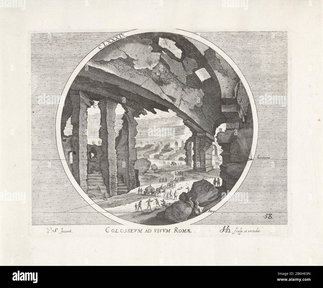 Gesicht in den Ruinen des Kolosseum in Rom. Mit Figuren in der Mitte und einem Wagen mit Pferden. Perspektivisch gepunktete Linien verbinden die Gebäude mit dem Vordergrund und dem Horizont. Lesen Sie: Horizont (Mitte rechts) und: Basis (unten rechts). Oben: C.LXXXVIX. Drucken Sie eine Serie von sechs Szenen aus Roman ruïnes. Hersteller: Druckmaschine: Hendrick Hondius (I) (denkmalgeschütztes Gebäude), entworfen von: Petrus Stephanus (denkmalgeschütztes Gebäude) Herausgeber: Hendrick Hondius (I) (denkmalgeschütztes Eigentum) Ort Herstellung: Den Haag Datum: 1600 Physikalische Eigenschaften: Engra-Material: Papiertechnik: Engra (Druckverfahren) Measu Stockfoto