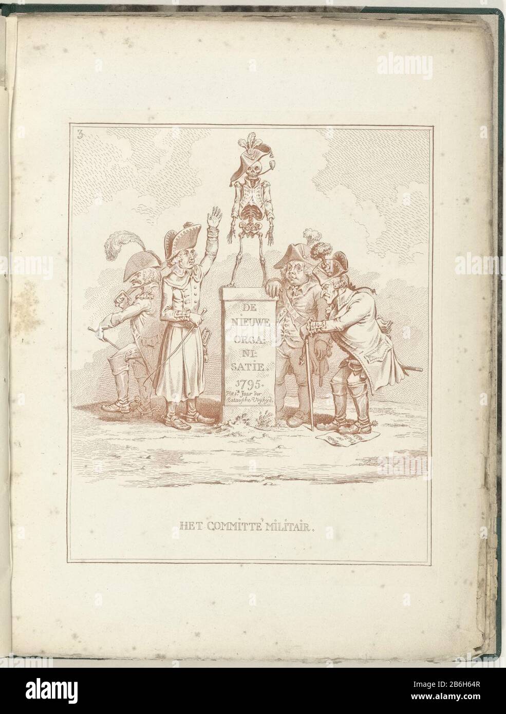 Cartoon im Committee of Military Affairs, 1795. Vier Männer, die in der Nähe eines Denkmals der "neuen Organisation" stehen. Im Jahre 1795. Die Gedenkstätte ist ein Skelett in Uniform. Rechts möglicher Oberst Roger Sulyard der Leefdael ließ möglichen Herman Willem Daendels. Hersteller : Druckerhersteller James Gillray (möglich) zum Zeichnen: David Hess Verlag: William Humphrey (möglich) Ort Herstellung: London Datum: 1795Physical Features: Radierung in rotem Material gedruckt: Papiertechnik: Radierung / Farbabmessungen: Plattenkante: H 273 mm × W 220 mmToelichtingOnderdeel A Booklet veröffentlichte eine Reihe von zwanzig Cartoons auf dem Pro Stockfoto