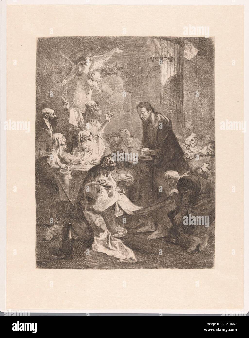 Elemente der Apostel Christus geben den Aposteln die heilige Kommunion. Im Tempelbereich stellt Jesus einen Tisch Dar, An Dem: Unten an den Aposteln. Er teilt das Brot zwei vor ihm knienden Aposteln. Auf dem Tisch der Kelch mit Wein. Über dem Tisch ein Engel und Cherubijn. Hersteller : Druckmaschine: Franz Anton MaulbertschPlaats Herstellung: Deutschland Datum: 1760-0 Physikalische Merkmale: Ätzung und Trockenpunkt Material: Papiertechnik: Radierung / Trockenpunkt Abmessungen: Blatt: H 418 mm × W 324 mm Betreff: Gemeinschaft oder die Apostel: Christus GI Brot (Gastgeber) und / oder Wein zum (stehenden) Apostel Stockfoto