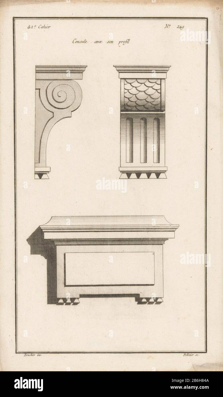 Konsole stellt Voluut Konsole mit seinem Profil (OP Tititel Objekt) Konsolen (serietitel) 42. Spezifikationen (serietitel op object) Seite und Vorderansicht einer Konsole mit Volute. Dazu gehört ein Architekturfragment mit einem Tablet. Drucknummer 249. Hersteller : Druckereihersteller Jean Pelletier (unter Denkmalschutz) entworfen von: Juste Nathan François Boucher (unter Denkmalschutz stehendes Gebäude) Herausgeber: Charles Le Père & Pierre-Michel AvaulezPlaats Herstellung: Paris Datum: 1776/79 Physikalische Merkmale: Ätzung und Engra-Materialien: Papiertechnik: Ätzung/Engra-Messungen (Druckverfahren): Plattenkante: H 333 mm × W. Stockfoto
