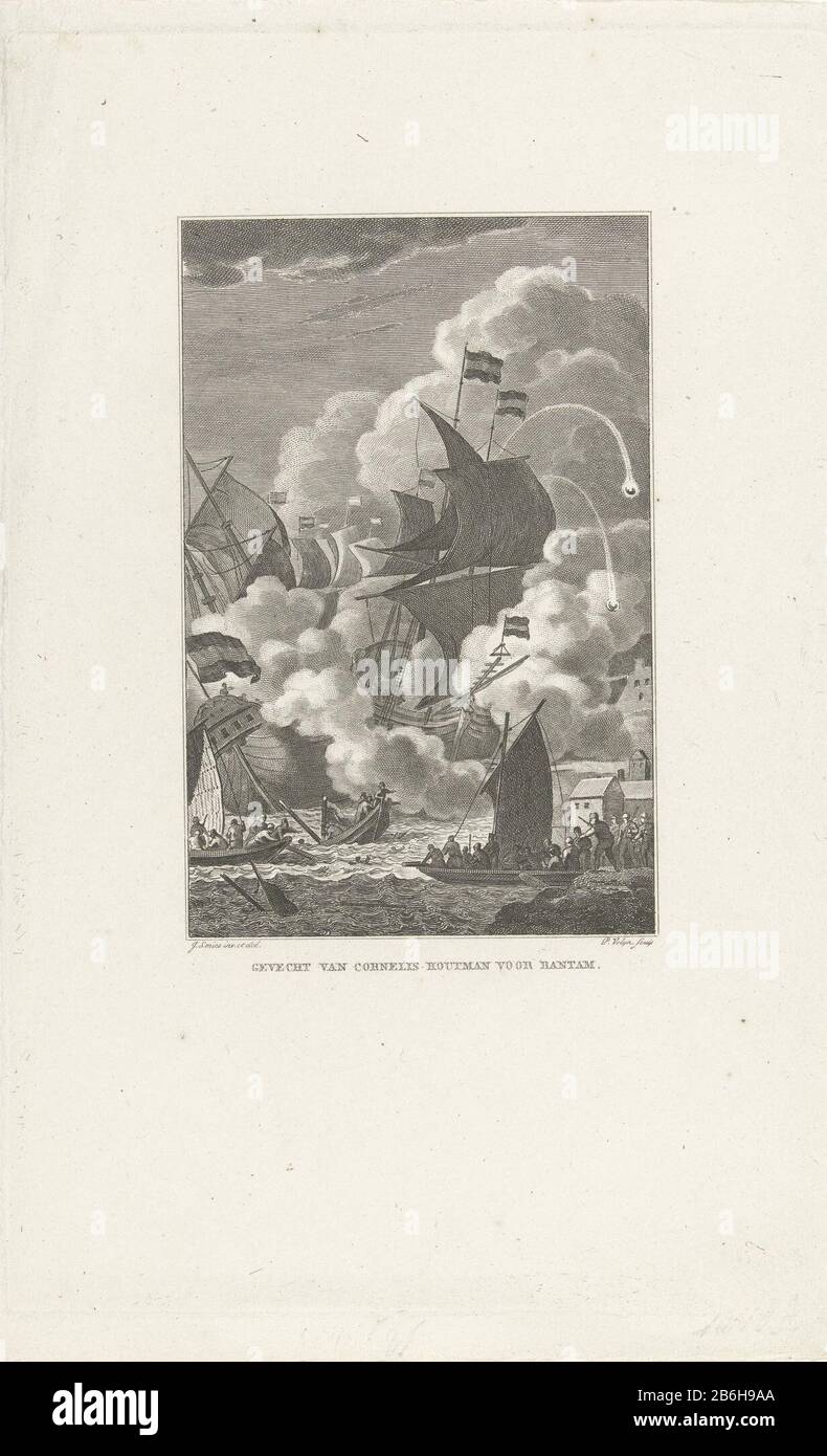 Schiffe Flotte von Cornelis de Houtman im Kampf vor Bantam Juli 1596. Durch die Luft fliegende Kanonenkugeln, Bodentruppen in Faulpelzen. Hersteller: Druckmaschine: Philip Vellum (Listed Property) zum Zeichnen: Jacob Smies (Listed Object) Ort Herstellung: Die Niederlande Datum: 1823 - 1829 Physikalische Eigenschaften: Ätzmaterial: Papiertechnik: Ätzmaße: Plattenkante: H 230 mm × W 148 mmToelichtingGebruikt als Illustration in: PG Witsen Geysbeek und G. Engelberts Gerrits, Belles, und Mark Where: Szenen aus der niederländischen Geschichte. G. Portielje, Amsterdam 1825-1829, 8 Teile. Nein Stockfoto