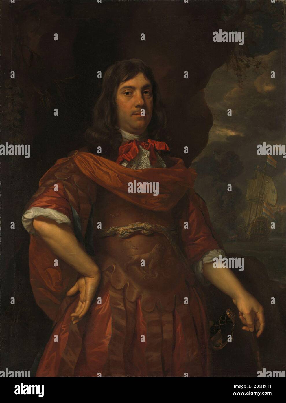 Cornelis Tromp (1629-91) Admiral Oberstleutnant SK-A-284 Portrait von Cornelis Tromp, Oberstleutnant Admiral. Kniestück, vor Felsen stehend. Er trägt ein Brustschild, das mit einem Löwen verziert ist, die rechte Seite. Im Hintergrund eine Seeschlacht. Anhänger von SK-A-285. Hersteller : Maler: Jan Milben Datum: 1668 Physikalische Eigenschaften: Öl auf Leinwand Material: Stofföl Abmessungen: Träger: H 134 cm. B × 105 cm Außenabmessungen: D 9 cm. (Einschließlich Träger SK-L-6200.) Bei Studienteilnehmer: 1.650 - 1691 wie Cornelis Tromp Stockfoto