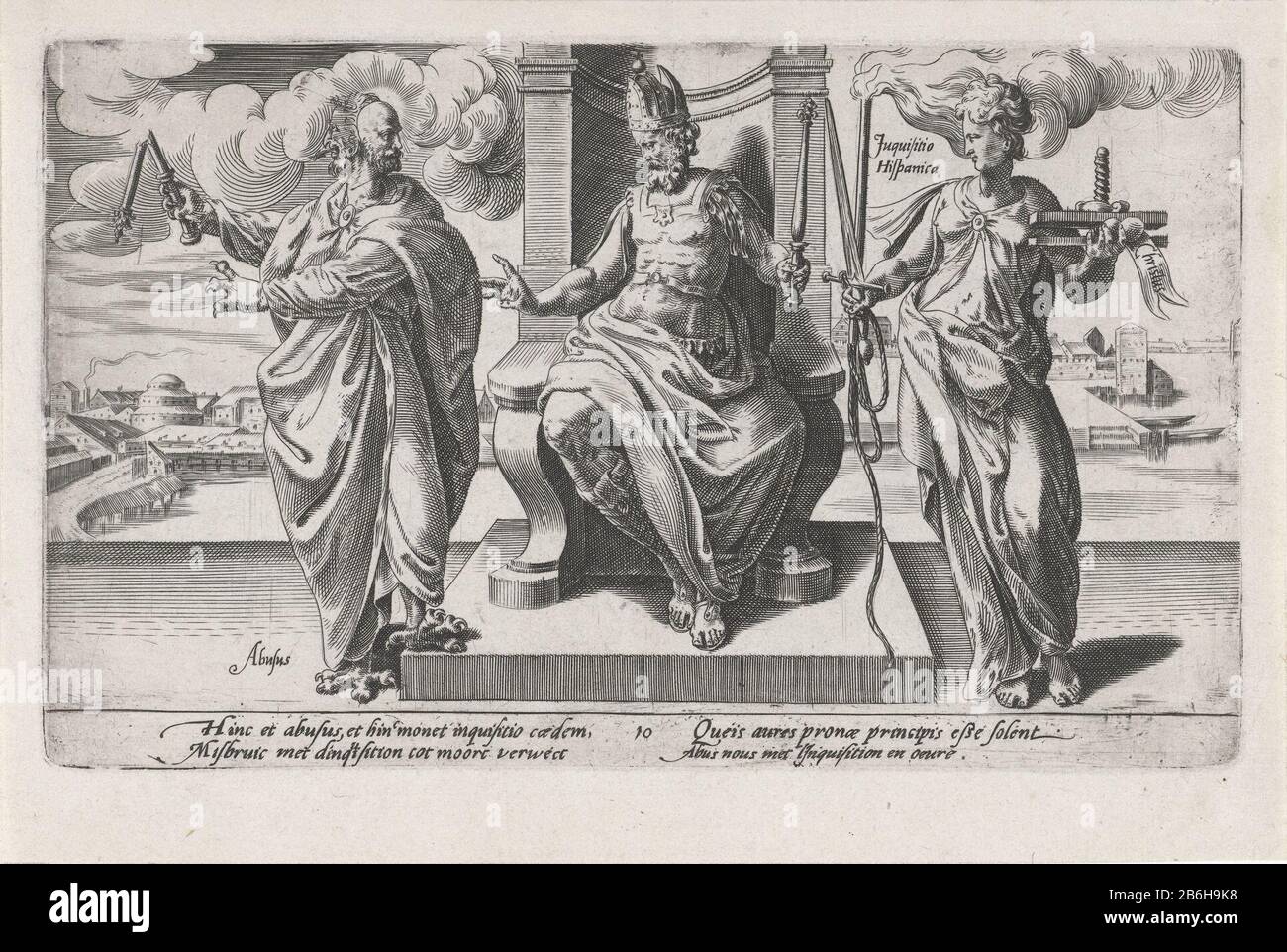 Korrupte Machthaber und die spanischen Inquisitionsgesellschaften Entführen Mord an katholischen Geistlichen (Serientitel) die Personifizierung Von Missbrauch (Abusus) und spanischer Inquisition (Inquisitio Hispanica) versuchen, Einfluss auf die weltlichen Behörden zu nehmen. Missbrauch versucht seine monströse Natur, eine Maske und einen Mantel zu verstecken. In der linken Hand ein zerbrochener Zauberstab, der die zerbrochene Macht des Monarchen symbolisiert. Die spanische Inquisition trägt eine brennende Fackel, ein schweres d und ein Galgenseil, Folterungs- und Hinrichtungsinstrumente. In der linken Hand drückt sie eine Presse flach das Herz Christi. Der Druck hat ein niederländisches, lateinisches und französisches Team und ist p Stockfoto Korrupte Machthaber und die spanischen Inquisitionsgesellschaften Entführen Mord an katholischen Geistlichen (Serientitel) die Personifizierung Von Missbrauch (Abusus) und spanischer Inquisition (Inquisitio Hispanica) versuchen, Einfluss auf die weltlichen Behörden zu nehmen. Missbrauch versucht seine monströse Natur, eine Maske und einen Mantel zu verstecken. In der linken Hand ein zerbrochener Zauberstab, der die zerbrochene Macht des Monarchen symbolisiert. Die spanische Inquisition trägt eine brennende Fackel, ein schweres d und ein Galgenseil, Folterungs- und Hinrichtungsinstrumente. In der linken Hand drückt sie eine Presse flach das Herz Christi. Der Druck hat ein niederländisches, lateinisches und französisches Team und ist p Stockfoto