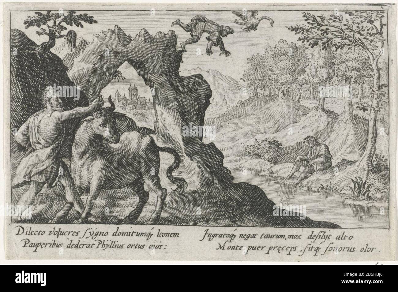 Cygnus-Sprünge eines Felsens Metamorphosen Ovid (Serientitel) Phylius weigert sich, dem Stier, der ihn von Cygnus erwischt hat, zu geben. Cygnus, der Sohn von Apollo und Hyria, hat sich hier ausgerissen und springt von einer Klippe. Er wird von seinem Vater in einen Schwan verwandelt. Am Rand einer vierzeiligen Signatur, in zwei Spalten, im Latijn. Hersteller : Druckmaschine: Crispijn von de Passe (I) Autor, John PosthiusPlaats Herstellung: Köln Datum: 1602 - 1607 Physikalische Eigenschaften: Engra-Material: Papiertechnik: Engra-Maße (Druckverfahren): Plattenkante: H 86 mm × W 130 mm Betreff: Cygnus, Sohn des Apollo, in Schwan geändert: B Stockfoto