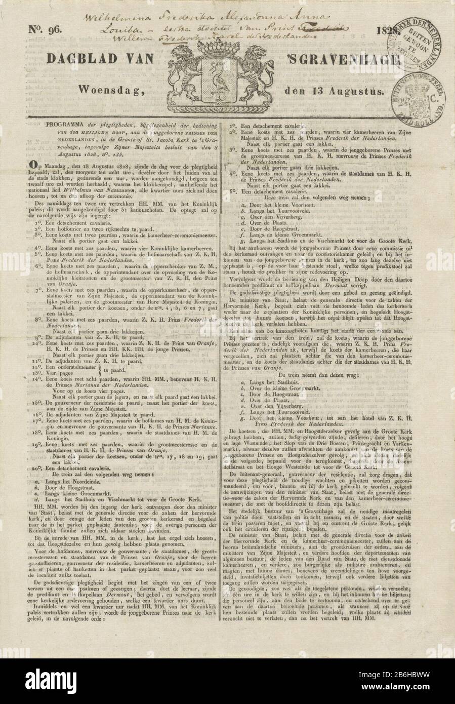 Zeitung von den Haag, 13. August, 188 Zeitung von Den Haag Mittwoch, 13. August, 188 Nr. 96 (Titelobjekt) Kopie der Zeitung von den Haag am Mittwoch, 13. August, 188 das Programm der Taufe von Prinzessin Louise von Orange-Nassau, der ersten Tochter von Fürst Friedrich von Orange-Nassau, Am 18. August. Doppelseitig bedrucktes Blatt. Oberseite des Wappen des Haag. Hersteller: Drucker: Z.B. Stadt (Objektliste) Ort Herstellung: Den Haag Datum: 13. August 188 Physische Merkmale: Textdruck, Vignettenholzschnittmaterial: Papiertechnik: Briefpresse / Stockfoto