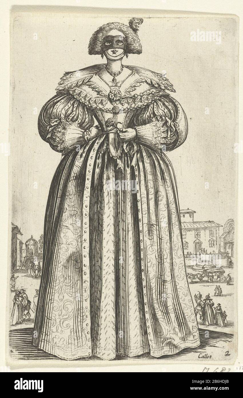 Dame mit Maske und Blume, Vorderansicht La Noblesse (Serientitel) Herren von Lorraine (Serientitel) Stehende Dame, von vorne gesehen, bekleidet in einem bodenbedeckten Kleid mit breitem Kragen, Maske für das Gesicht, Blume in der Hand. In den Hintergrundfiguren und einem Reisebus auf der Terrasse einer Villa und einem küssenden Paar. Dieser Druck ist Teil einer Serie von 12 Drucken mit Adeligen in Kostümen, die im ersten Viertel des 17. Jahrhunderts in Lorraine getragen wurden; die Hälfte der Serie betrifft Herrenanzüge, die andere Hälfte zeigt Damekostudien. Hersteller: Zu drucken von Jacques Callot (denkmalgeschütztes Gebäude) printmak Stockfoto