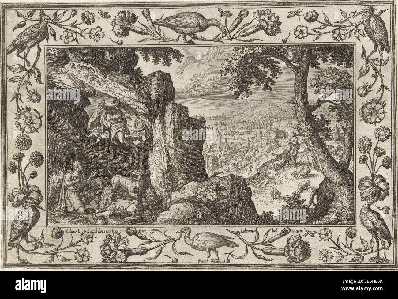 Heuven Landschaft. Im Vordergrund eine Höhle mit Löwen, Daniel, mit in der Mitte. Das Spektakel ist der Prophet Habakkuk, der von einem Engel gezeigt wird, der ihn mit seinen Haaren hält. Der Aufdruck hat ein Listenornament mit Blumen und Vögeln. Er ist Teil einer vierundzwanzigteiligen Landschaftsreihe mit biblischen, mythologischen Szenen und Jachttaferelen. Hersteller: Druckmaschine: Adriaen Collaert (denkmalgeschütztes Eigentum) entworfen von Hans Bol (denkmalgeschütztes Gebäude) Herausgeber: Eduwart Hoes Winckel (denkmalgeschütztes Gebäude) Ort Herstellung: Antwerpen Datum: 1582 - 1586 Physische Merkmale: Fahrzeugmaterial: Papiertechnik: Enna (Druckverfahren Stockfoto