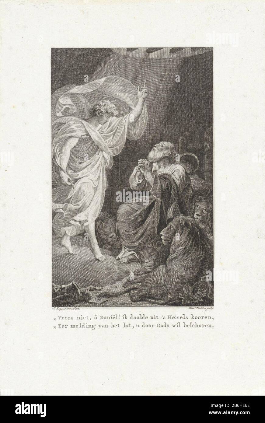 Ein Engel erscheint Daniel, der mit gefalteten Händen und Köpfen in den Löwenzit steht. Hersteller : Druckmaschine: Reinier Vinkeles (I) (denkmalgeschütztes Gebäude) zum Zeichnen von Jacques Kuyper (denkmalgeschütztes Eigentum) Ort Herstellung: Amsterdam Dating : 171-16 Physikalische Merkmale: Ätzung und Engra-Material: Papiertechnik: Ätzung / Engra-Abmessungen (Druckverfahren): Blatt: H 235 mm × W 159 mm Betreff: Ergänzungen zur Geschichte von Daniel Stockfoto