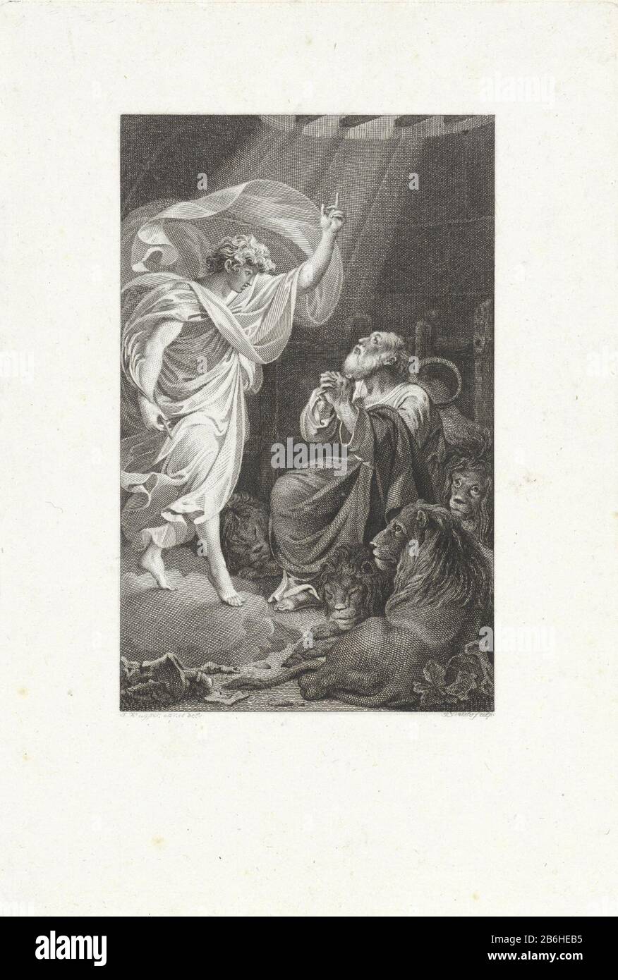 Ein Engel erscheint Daniel, der mit gefalteten Händen und Köpfen in den Löwenzit steht. Hersteller: Druckmaschine: Reinier Vinkeles (I) (denkmalgeschütztes Gebäude) zum Zeichnen von Jacques Kuyper (denkmalgeschütztes Eigentum) Herstellung: Amsterdam dating: 171-16 Physikalische Merkmale: Ätzung und Engras; Proofing Material: Papiertechnik: Ätzung / Engras (Druckverfahren) Abmessungen: Blatt: H 235 mm × W 159 mm Betreff: König Cyrus besucht den Löwenzelt und findet Daniel lebend vor Stockfoto
