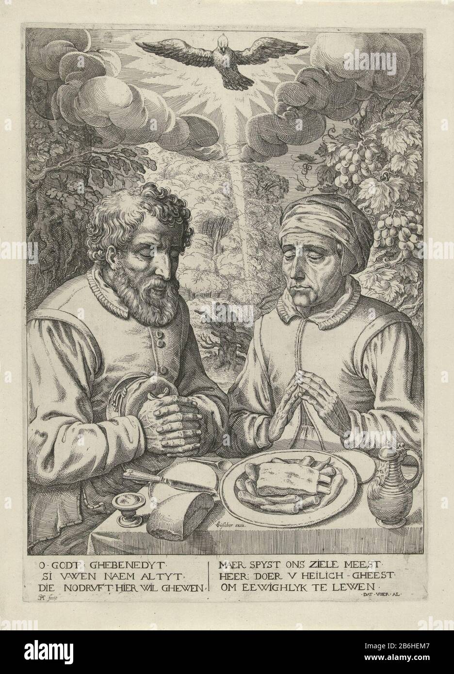 Thanksgiving EIN Mann und eine Frau, die beten, um vor dem Essen einen Tisch zu legen. Über ihnen der heilige Geist in Form einer Taube. Im Hintergrund eine Landschaft mit Bäumen und Trauben. Unter den Holländern zeigen sechs regenten ein Beten. Hersteller: Druckerhersteller Pieter Feddes Harlingen (denkmalgeschütztes Gebäude) Verleger Claes Jansz. Visscher (II) (denkmalgeschütztes Gebäude) Ort Herstellung: Druckmaschine: Friesland Herausgeber: Amsterdam Datum: 1611 - 1623 Physikalische Merkmale: Ätzmaterial: Papiertechnik: Ätzmaße: Plattenkante: H 437 mm × W 307 mm Betreff: Beten am Tisch, Spruch Gnade Stockfoto