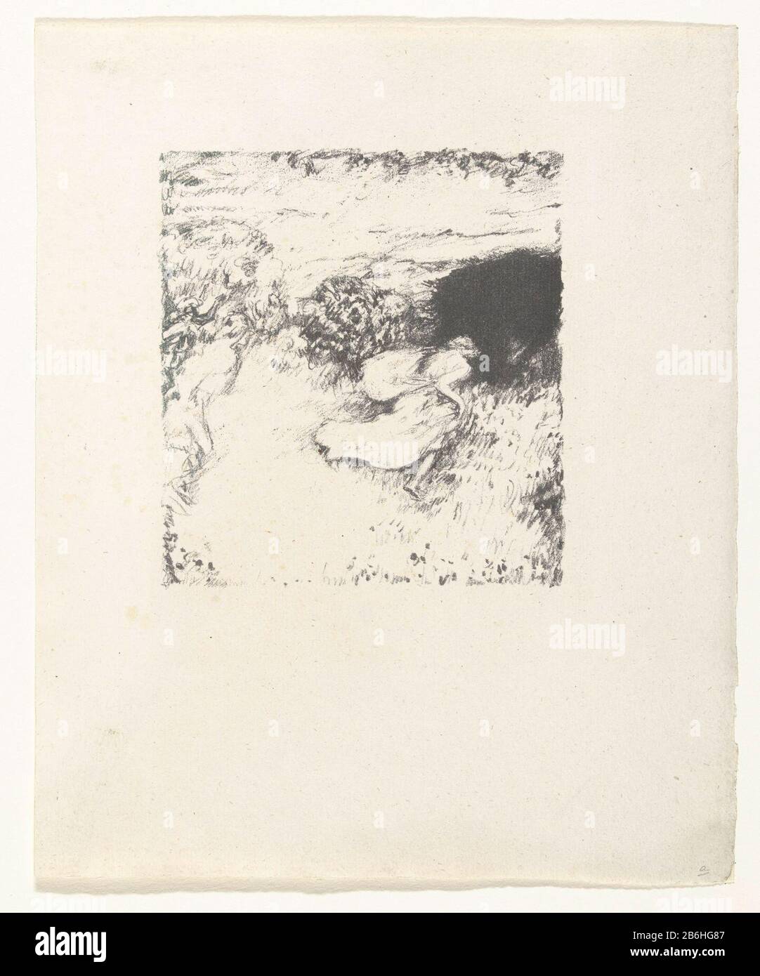 Szene aus dem Seelsorgegedicht Hirte Daphnis und Chloe des griechischen Schriftstellers Longus. Landschaft mit laufender Chloe Wo: Ihre Kleidung opwaait. Hersteller : Druckmaschine: Pierre Bonnardnaar eigenes Design: Pierre Bönnarduitgever Henri Louis Ambroise Vollarddrukker: Auguste-Clot-dating: 1902 Physikalische Merkmale: Lithographisches Material: Papiertechnik: Lithographie (Technik) Abmessungen: Bild: H 150 mm × W 140 mmblad: H 291 mm × W 241 mmToelichLigrafie verwendet: Les pastorals The Longus ou Daphnis et Chloe, Ambroise Vollard (Verleger), Paris 1902 Subject: Daphnis (in der griechischen Mythologie ein Hirte, der eindringt Stockfoto