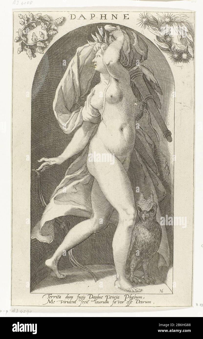 Daphne (Titelobjekt) Ancient Gods (Serientitel) ein Bild von Apollo liebte Daphne, in einer Nische platziert. Daphne, der vor Apollo floh, jagte sie. Ihr Vater gibt ihr betendes Gehör und rettet sie durch ihre Verwandelen in einen Lorbeerbaum. Vom Kopf bis zum Erker werden Klingen geblättert. Sie trägt einen Köcher und eine Schleife als Hinweis auf Apollo. Neben ihr ist eine Eule. Lateinischer onderschrift. Hersteller : Druckmaschine: Nicholas Braeunaar Design: Karel van Mander (I) Herausgeber: François van den Hoeye (möglich) Autor: Cornelius Schonaeus (zugeschrieben) Ort Herstellung: Haarlem dating: 1598 Physische Merkmale: Fahrzeugmateri Stockfoto