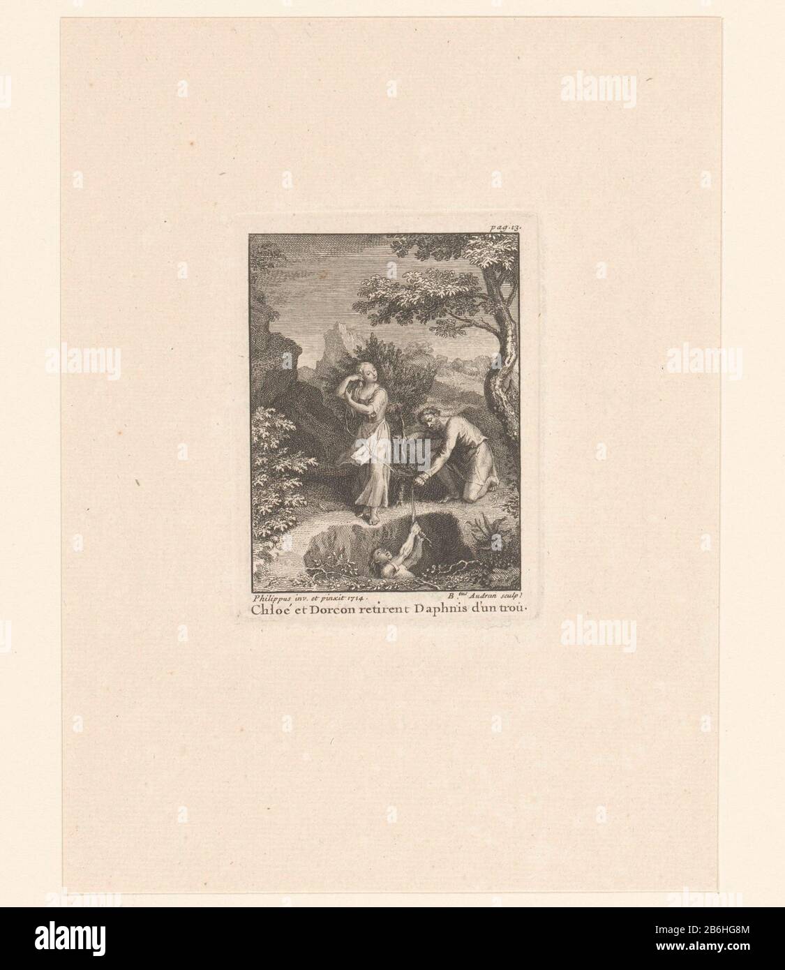 Seiten mit der oberen rechten Nummer. 13. Hersteller: Druckmaschine: Benoit Audran (I) (denkmalgeschütztes Gebäude), entworfen von Philippe Duc d'Orléans (unter Denkmalschutz) zum Gemälde von Philippe Duc d'Orléans (unter Denkmalschutz stehendes Gebäude) Herausgeber: Anonymer Ort Herstellung: Druckmaschine: Frankreich Herausgeber: Paris Datum: 1718 Material: Papiertechnik: Ätzmaße: Plattenkante: H 99 mm × 74 b TommelichPrent von: Longus. Les amours pastorals the Daphnis et Chloé, avec figures. Paris: S. N., 1718. Betrifft: Daphnis (in der griechischen Mythologie ein Hirte, der die Pastoraldichtung Chloe sa als bedrohte Mitmenschen erfand Stockfoto