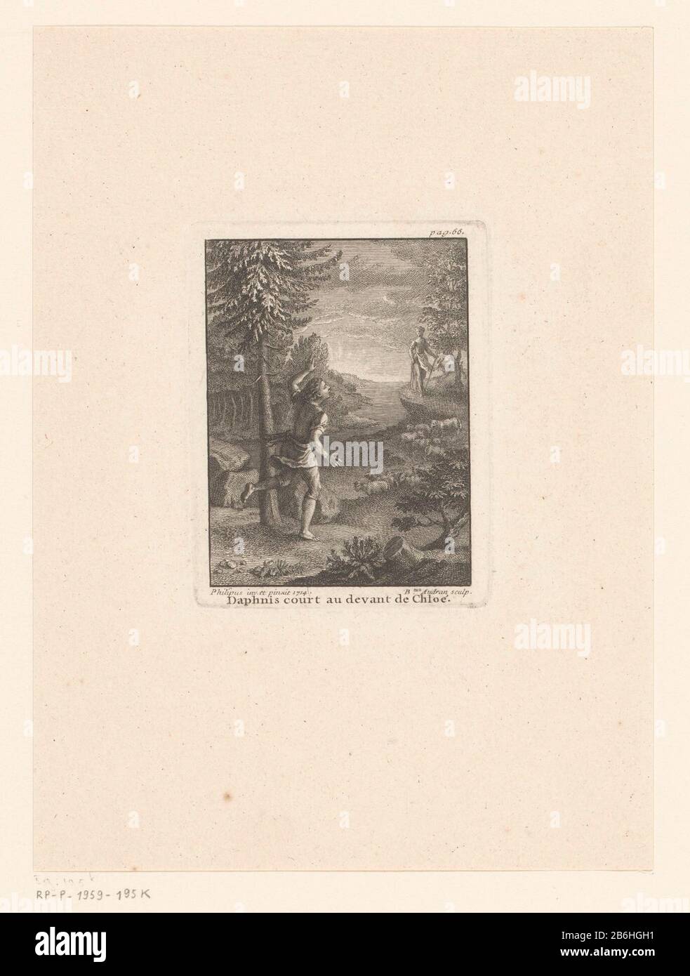Seiten mit der oberen rechten Nummer. 66. Hersteller: Druckmaschine: Benoit Audran (I) (denkmalgeschütztes Gebäude), entworfen von Philippe Duc d'Orléans (unter Denkmalschutz) zum Gemälde von Philippe Duc d'Orléans (unter Denkmalschutz stehendes Gebäude) Herausgeber: Anonymer Ort Herstellung: Druckmaschine: Frankreich Herausgeber: Paris Datum: 1718 Material: Papiertechnik: Ätzmaße: Plattenkante: H 96 mm × 74 b TommelichPrent von: Longus. Les amours pastorals the Daphnis et Chloé, avec figures. Paris: S. N., 1718. Betrifft: Daphnis (in der griechischen Mythologie ein Hirte, der die Pastoraldichtung Chloe Sheep erfand Stockfoto
