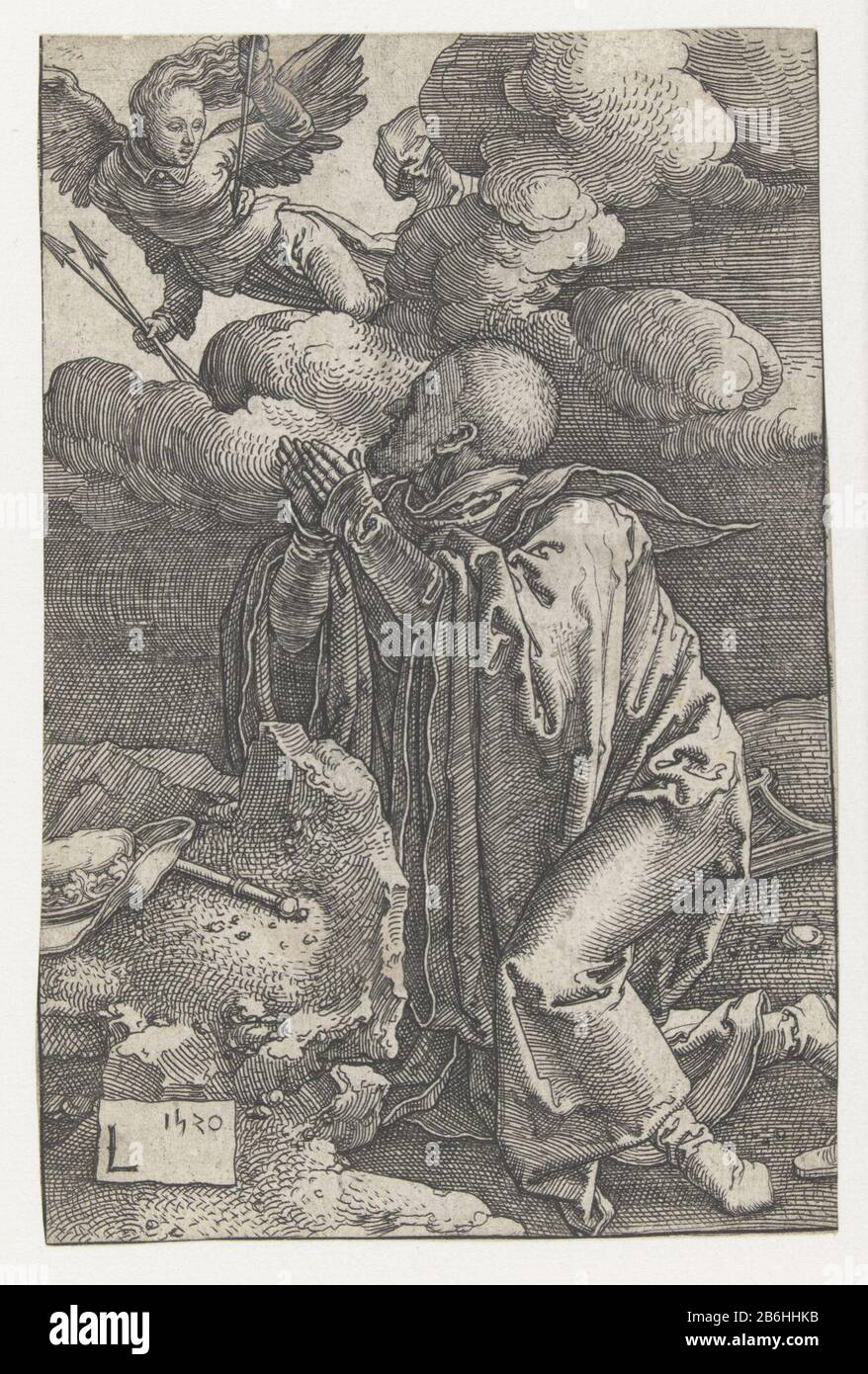 David Betet Im Gebet David blickt auf Engel mit Pfeilen auf hemel. Hersteller: Druckmaschine: Lucas von Leyden (auf dem Objekt angegeben), bei dessen Entwurf: Lucas van Leyden Herstellung: Niederlande Datum: 1520 Physikalische Eigenschaften: Ätzungs- und Engra-Material: Papiertechnik: Ätzung/Engra-Abmessungen (Druckverfahren): Blatt : h × 114 mm b 75 mm Betreff: David kommuniziert mit Gott; David Praying (im Allgemeinen) Stockfoto