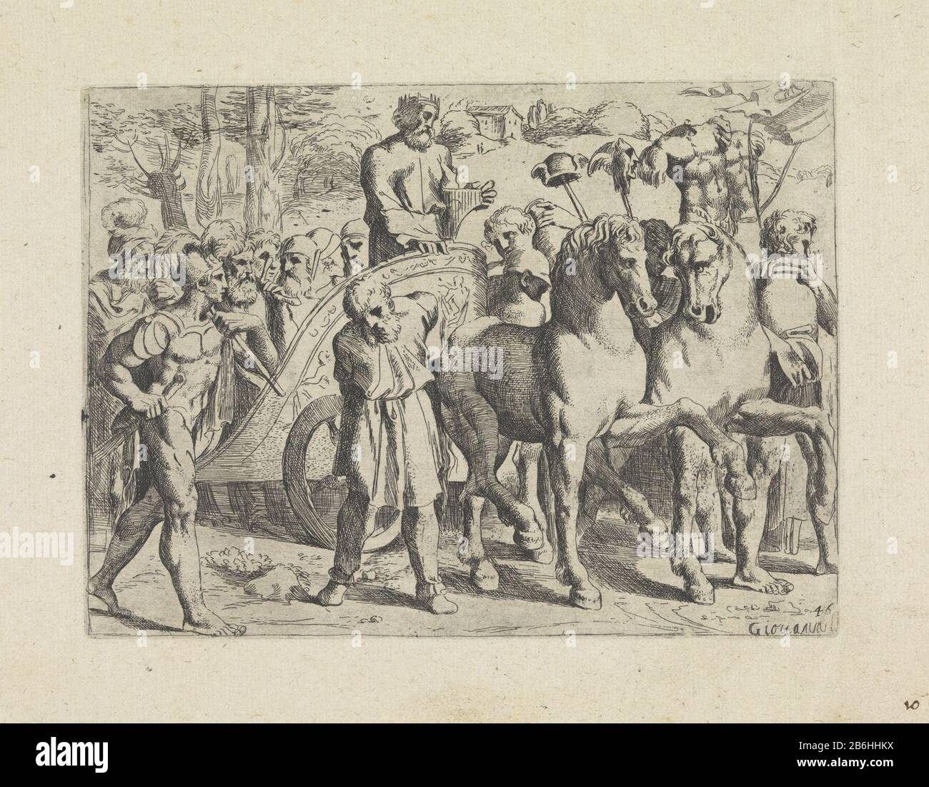 König David und seine Soldaten kehren im Triumph nach Jerusalem zurück. David befindet sich auf einem Wagen, der von zwei Paarden gezogen wird. Hersteller : Druckmaschine Giovanni Lanfranco (auf dem Objekt erwähnt) zu Wandbild: Rafael Herausgeber: Giovanni Orlandiopgedagen an: Annibale CarracciPlaats Herstellung: Druckmaschine: Italien Zur Darstellung des Vatikan-Stadt-Verlegers: Rom Gewidmet: Italien Datum: 1607 Physikalische Merkmale: Ätzmaterial: Papiertechnik: Ätzmaße: Plattenkante: H 130 mm × W 177 mmToelichtingOp ein Blatt, das mit der rechten oberen Hand in den Stift in Braun geschrieben wurde: 130. Drucken Sie aus einer Serie von 54-nummerierten Drucken Stockfoto
