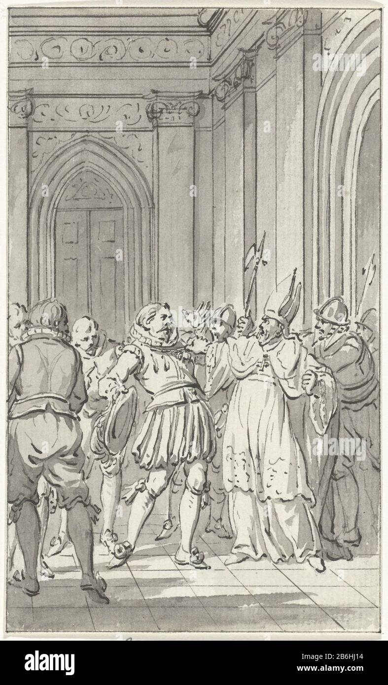Reinoud II. Van Brederode wird vom Bischof von Utrechter David Burgundy Knights of the Golden Fleece wegen des (falschen) Vorwurfs, er plane einen Versuch über das Leben von Karl dem Kühnen, 1470, gerissen. Design für ein Bild. Hersteller Schöpfer: Künstler: Jacobus Kauft datierend: 1785-1787 Physische Merkmale: Stift und Bürste in grauem Material: Papiertinte Technologie: Stift/Bürste Abmessungen: H 150 mm × W 90 mmToelichtingOntwerkekening zur Veranschaulichung in: James Cook, Vaderlandsch Wörterbuch, Johannes Allart, Amsterdam 1785-1799, 35 Teile, Bd. VIII, pl. II Betrifft: Historische Person (BREDEROD Stockfoto
