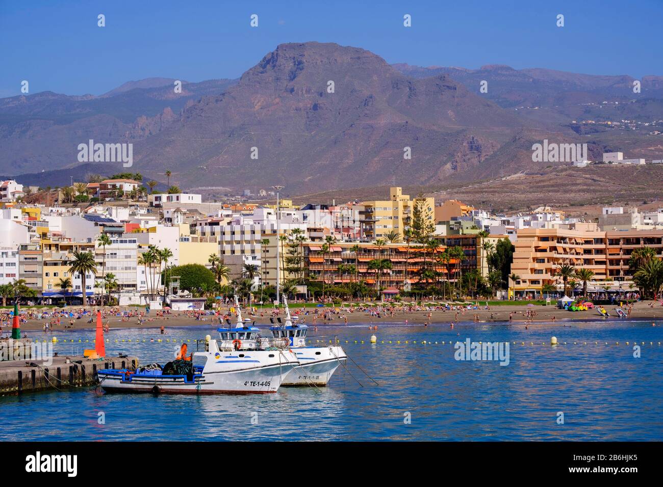 Hafen und Playa de los Cristianos, Los Cristianos, Tenera, Kanarische Inseln, Spanien Stockfoto