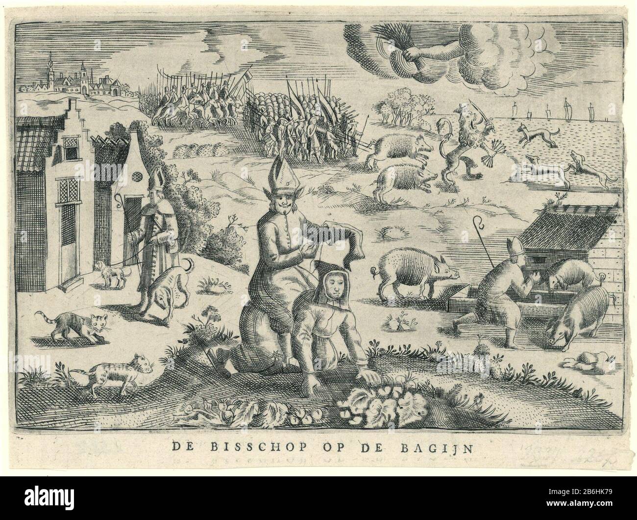 Der Bischof auf dem Bagijn (Titelobjekt) Cartoon Christoph Bernard von Galen, Bischof von Munster, 1672. Auf dem Rücken eines Bagijn sitzend legt er einen Strumpf ab. Links, der Bischof zusammen mit einem Hundehaus kniet er rechts als verdialer Sohn unter den Schweinen. Im Hintergrund vordringende Armeen, der holländische Löwe zwischen Schweinen (Munster-Truppen) und Hunden (Englisch), am Himmel, die Geißel Gottes. In diesem Bild gehört ein Textsheet-ver. Hersteller: Druckmaschine: Anonymer Ort Herstellung: Nordniederland Datum: 1672 Physische Merkmale: Engra mit Textdruckmaterial: Papiertechnik: Engra (Druck Stockfoto
