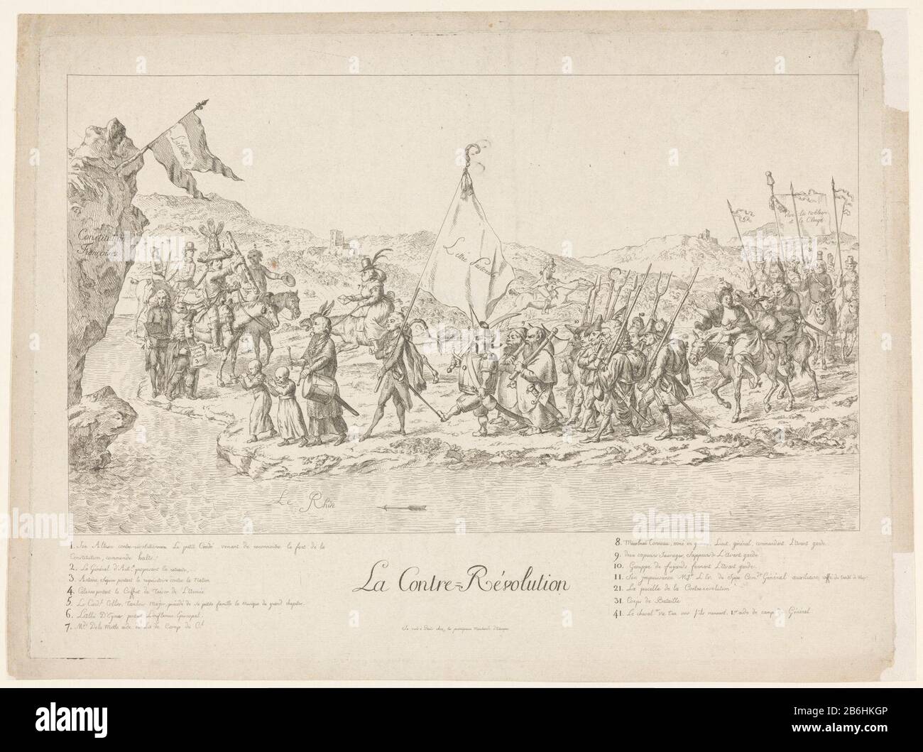 Die Karikatur der französischen Konterrevolutionäre, die Rhein beabsichtigen, steht kurz vor dem Einstich nach Frankreich, ca. Jahrhunderts. Prozession verschiedener Gruppen, vertreten als Narren und Troller, teilweise auf Eseln reiten. Die Gruppe, die von Louis Franziskus II. Von Bourbon-Conti, dem Prinz von Conde, angeführt wurde und auf dem Pferd saß und eine päpstliche Tiara mit Federn trug. Standardträger der Prozession ist der Abbe Jean-Francois d'Ange Eymar. Der Schlagzeuger ist Louis René Edward Cardinal de Rohan, der den Spitznamen "Cardinal Collier" trägt. Mit den Tasten 1-11, 21, 31 und 41. Hersteller: Druckmaschine: Anonymer Herausgeber: Anonymer (börsennotierter) Ort Stockfoto