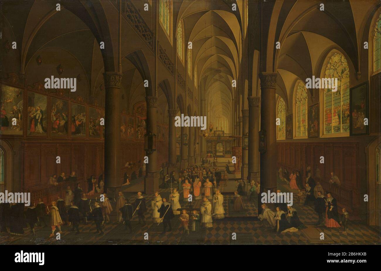 Die Dominikanische Kirche in Antwerpen sah das Innere, SK-A-288 das Innere der Dominikanischen Kirche, heute St. Paul's Church, Antwerpen. Das Kirchenschiff führt eine Prozession, linke und rechte Kirchgänger und Besucher. An der linken Wand befindet sich eine Reihe von großen Gemälden, Werken unter anderem von Rubens, Van Balen, Teniersplaats, Jordaens und Caravaggio. Hersteller : Maler: Pieter Neefs (I) Dating: 1636 Physikalische Eigenschaften: Öl auf Plattenmaterial: Plattenöl Abmessungen: Träger: H 68 cm . B × 105,5 cm Außenabmessungen: 6,5 cm d. (Einschließlich Träger SK-L-6328 und Bauwesen.) Stockfoto