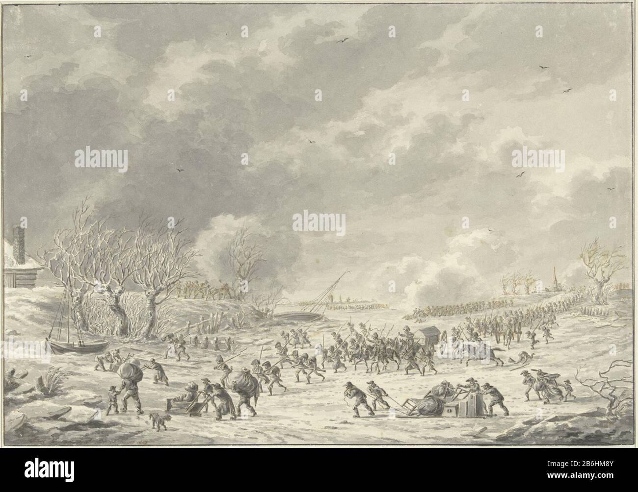 Die Franzosen überqueren das Waal bei Bommel, im Januar 1795 Überqueren Die Franzosen das Waal bei Bommel Januar 1795 Objekttyp: Zeichnung Objektnummer: RP-T-1891-A-2456 Hersteller: Künstler: Dirk Langendijk Datum: 1803 Physische Merkmale: Stift in Braun und Grau, Bürste und grauem Material: Papiertinte Technik: Stift-/Pinselmaße: H 210 mm × W 298 mm Betreff: Truppenbewegungen, transporthistorische Ereignisse und Situationen (mit DATUM) geographische Namen von Ländern, Regionen, Bergen, Flüssen usw. (Waal) (WAAL), Namen von Städten und französische Truppen überfallen Dorf PichegruWanneer: 1795-01 - 1785-01 Stockfoto