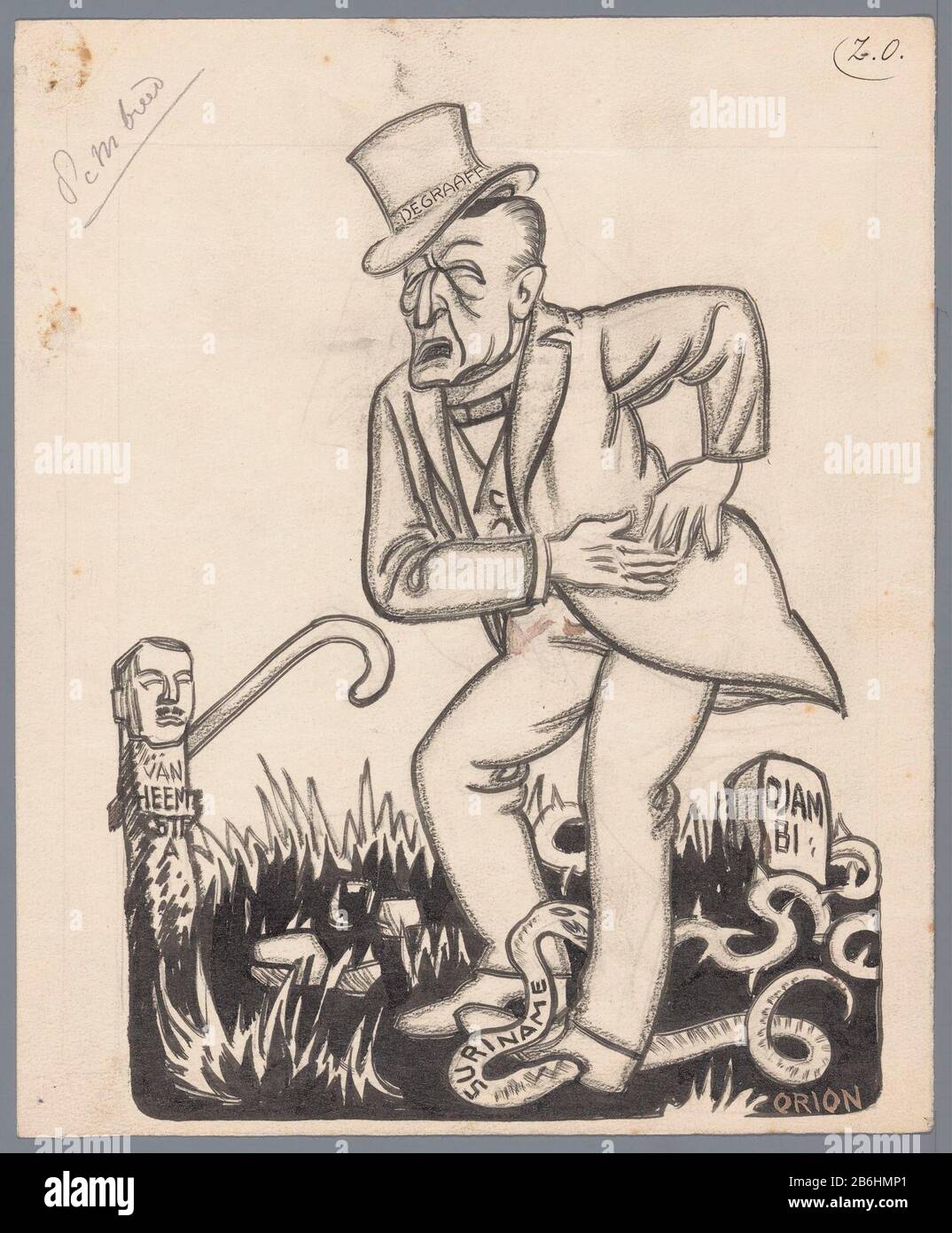 De Graaffs, Minister KoloniënDe der Kolonien in Tausenden gefürchteten (Titelobjekt) Immobilientyp: Zeichnung Objektnummer: NG-505-121 Aufschriften / Marken: Aufschrift verso, handschriftlich: "Der Minister der Kolonien in Tausenden Angst / Minister De Graaffs: Zuerst gehe ich eine Fraktur in Jambi und jetzt vielleicht eine Sepsis in Suriname ... "Beschreibung: Minister Simon de Graaffs läuft in allerlei Probleme: Suriname, Jambi und Baron van Heemstra, Gouverneur von Suriname. Entwurf eines politischen Spottlofs. Hersteller: Künstler: Patricq Crown (persönlich unterzeichnet) Ort Herstellung: Niederlande Datum: 190-1925 Ph Stockfoto