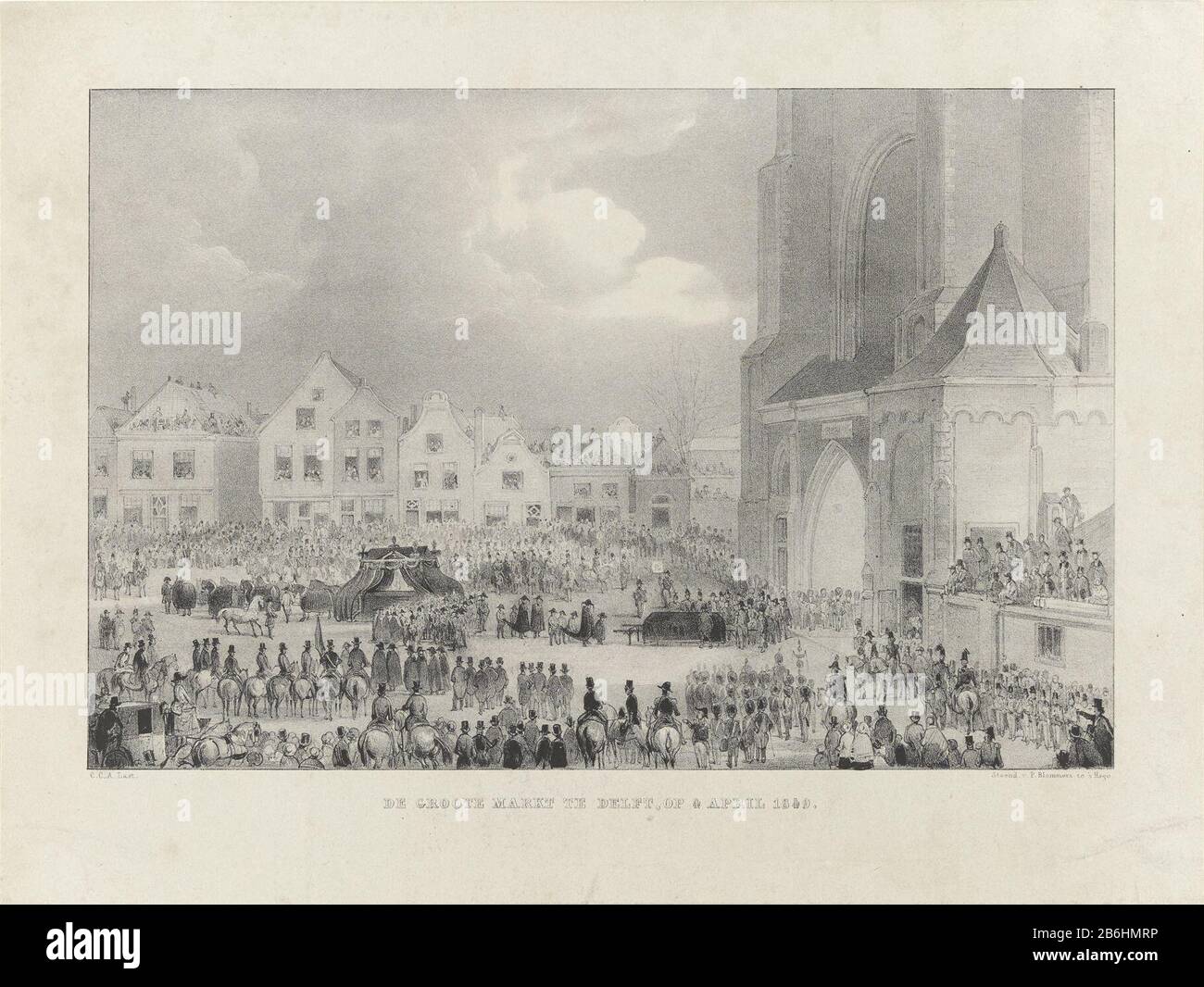 De Groote Markt in Delft, am 4. April 1849 (Titelobjekt), kam der verstorbene Grabkönig Wilhelm II. In Delft am 4. April 1849. Der Trauerzug zur Feuerstelle traf für die neue Kirche Delft ein. Hersteller: Druckmaschine: Carel Christiaan Antony Load (denkmalgeschütztes Gebäude) Drucker P. Blommers (Steendrukkerij von) (aufgelistet nach Objekt) Herstellung: Druckmaschine: Niederlande Herausgeber: Den Haag Datum: 1849 Physikalische Merkmale: Lithographisches Material: Papiertechnik: Lithographie (Technik) Abmessungen: Blatt: H 221 mm × TingW 292 mmToelichniet in Frederick Rler; hinzugefügt von PK. Betrifft: Kortege, Beerdigung Stockfoto