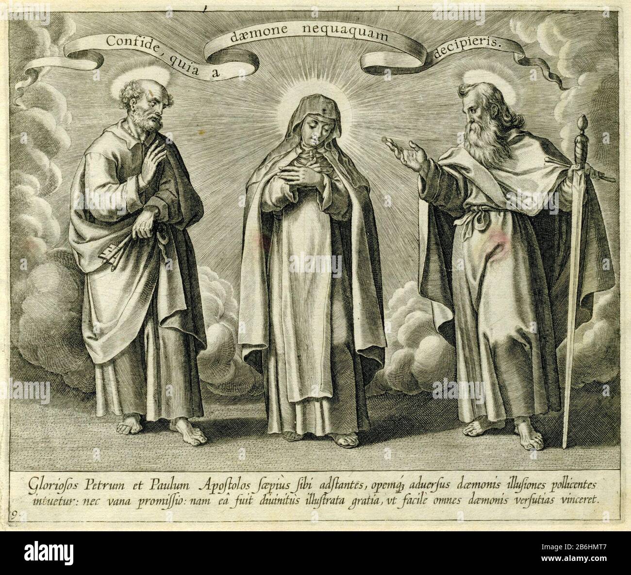 Die H Peter und Paul Theresa unterstützen den Hof oft bei der Überwindung der Dämonen BI 1904-78-9 Post in dem Album "Vita B. Virginis Teresiae A. Jesu ordinis carmelitarum excalceatorum Piae restauratricis ..., 1613. Hersteller : Druckmaschine: Anonymer Herausgeber: Theodoor Gall Herstellung: Druckmaschine: Flanders Verlag: Antwerpen Datum: 1613 Material: Papiertechnik: Engraa (Druckverfahren) Abmessungen: H 186 mm × W 215 mm Betreff: Die Gründerin der reformierten (Unbeschuhten) Karmeliten, T(h) eres(i) a oder Avila; mögliche Attribute: Angel, Pfeil, Taube, Herz (flammend oder von einem Pfeil durchbohrt), die Stockfoto