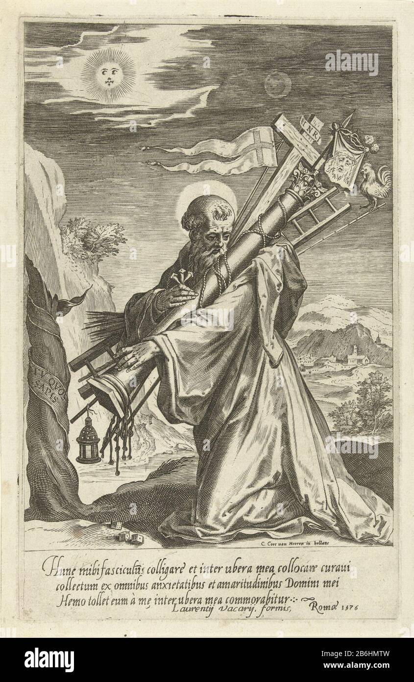 Der H Bernardus von Clairvaux mit den Passionswerkzeugen Der heilige Bernhard von Clairvaux kniet in einer Landschaft. Auf der linken Schulter trägt er die Arma Christi. Auf dem Boden vor ihm liegen die Würfel der Soldaten. In der Luft, der Sonne und dem maan. Hersteller : Druckerhersteller Cornelis Cort (denkmalgeschütztes Eigentum) entworfen von: Pauwels Franck (möglich) Herausgeber: Laurentius Vacarius (denkmalgeschütztes Eigentum) Ort Herstellung: Rom Datum: 1576 Physikalische Merkmale: Fahrzeugmaterial: Papiertechnik: Enga (Druckverfahren) Abmessungen: Plattenkante: H 295 mm × W 168 mm Betreff: Bernard von Clairvaux, zistenkischer Mönch Stockfoto