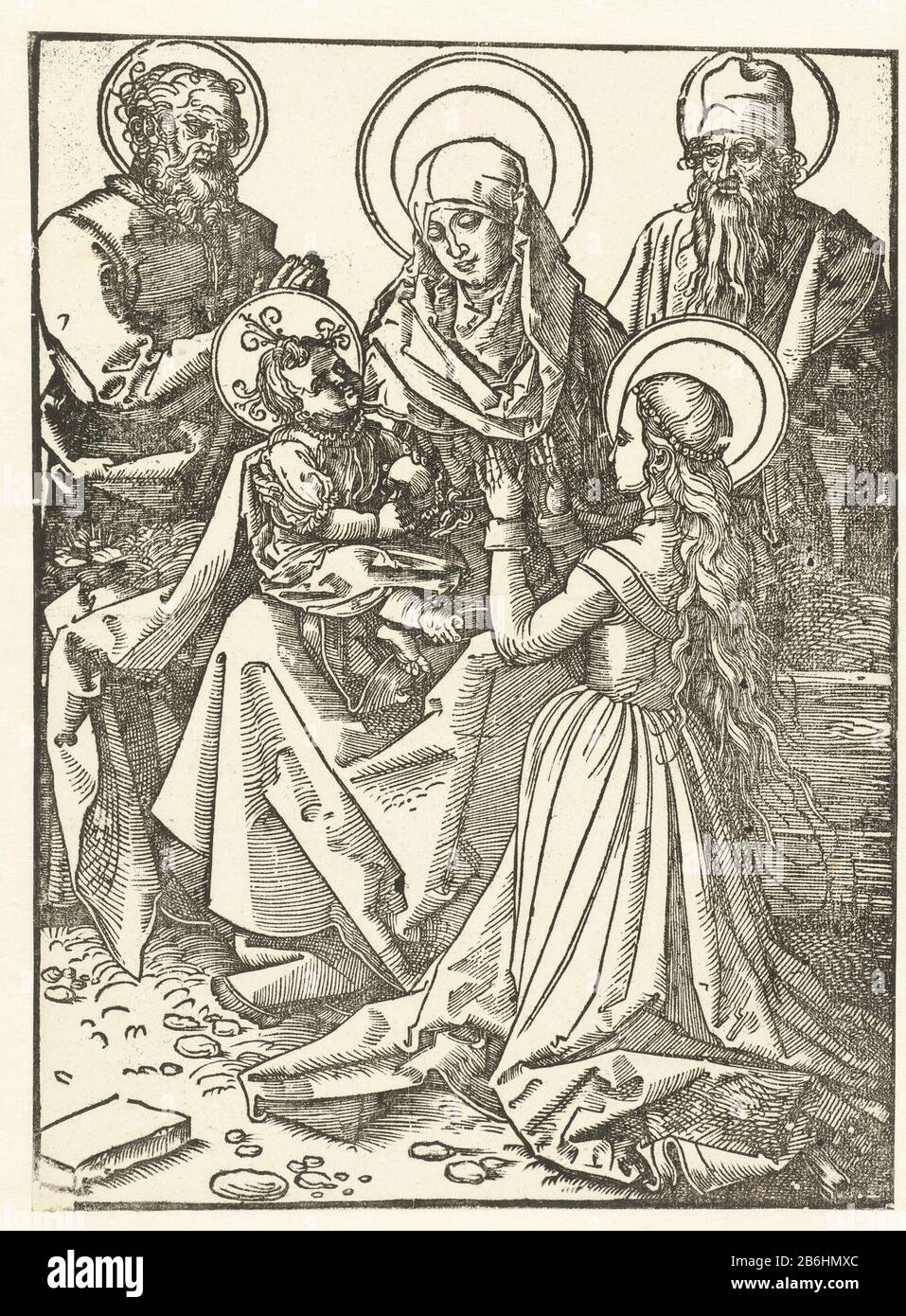 Maria kniet vor dem Christuskind, das auf Annas Schoß sitzt. Auf beiden Seiten von Anna stehen Joseph und Joachim. Hersteller : Druckmaschine: Albrecht Dürer (Schule) Ort Herstellung: Nürnberg Datum: Nach 1519 Physikalische Eigenschaften: Holzblockwerkstoff: Papiertechnik: Holzblockmaße: Bild: H 305 mm × W 222 mm Betreff: "Anna selbdritt" mit Joseph und Joachim anwesend Stockfoto