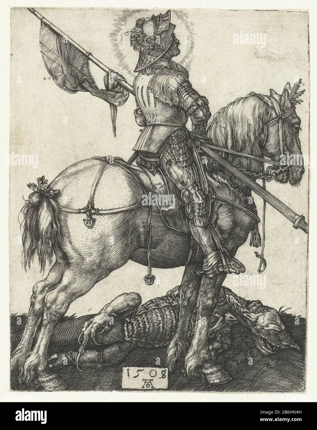 St. George zu Pferd neben dem getöteten Drachen Der heilige Georg in Rüstung auf seinem Pferd, neben dem Drachen, den er erschoss, Heeft. Hersteller : Druckerhersteller Albrecht Dürer (börsennotiertes Objekt) Ort Herstellung: Nürnberg Datum: 1508 Physikalische Merkmale: Fahrzeugmaterial: Papiertechnik: Engra (Druckverfahren) Abmessungen: Blatt: H 109 mm b × 85 mm Betreff: Der Krieger Märtyrer George (Georgius); mögliche Attribute: Banner (rotes Kreuz auf weißem Feld), (ed) Kreuz, Estragon, (weißes) Pferd, gebrochene Lanze, Schild (mit Kreuz), Schwert Stockfoto