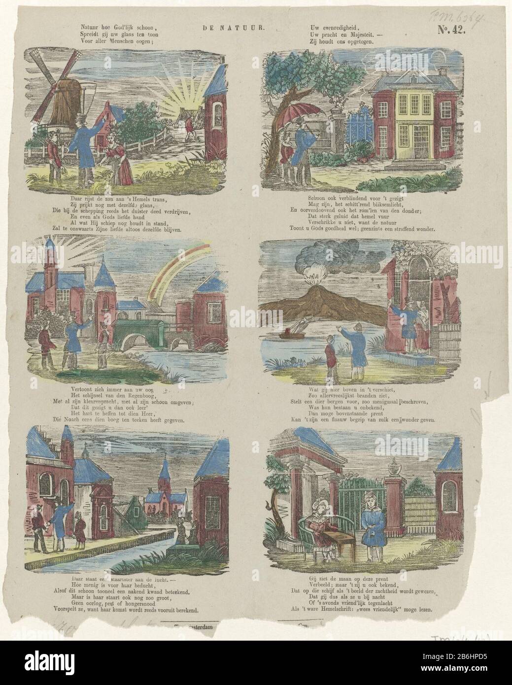 Natur (Titelobjekt) Leaf mit sechs Vorstellungen über Natur und Naturphänomene. Unter jedem Bild eine sechszeilige Verse. Oben rechts nummeriert: Nr. 42. Ca. 1800-1850. Hersteller: Drucker: P.C.L. Staden Czn. (Denkmalgeschütztes Gebäude) Druckmaschine: Anonyme Baustellenfertigung: Drucker: Amsterdam Druck-Autor: Niederlande Datum: 1850 - 1870 Physische Merkmale: Holzschnitt mit Textdruck, farbiges Material: Papiertechnik: Holzschnitt / Druck / Farbabmessungen: Blatt: H 357 mm × W 284 mmToelichtingHet Adressverlage afgeknipt. Betrifft: Meteorologisches Phänomen Stockfoto
