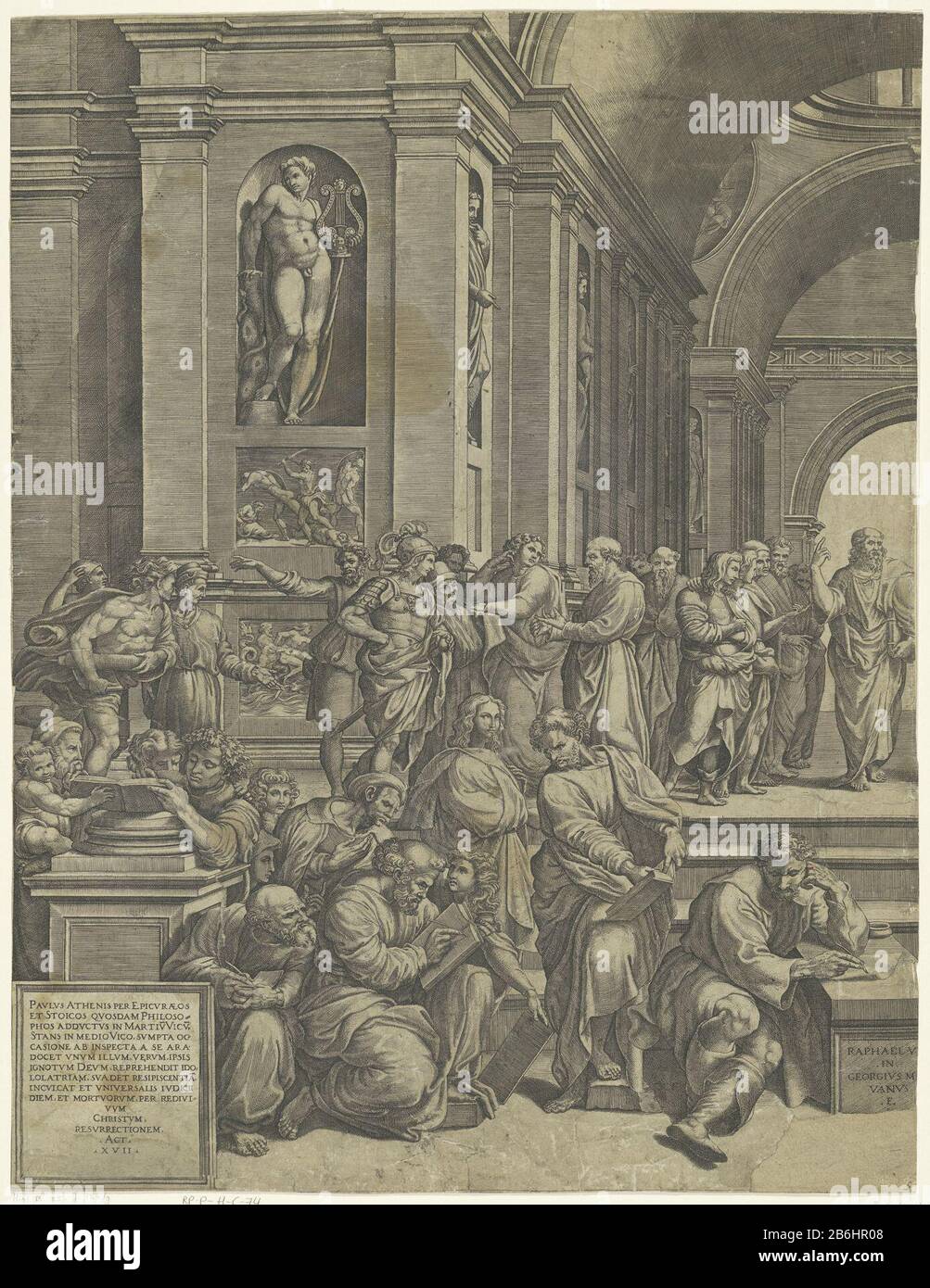 Die Schule von Athen (linke Tafel) Es Freskos der Athener Schule "von Raphael in der Stanza della Segnatura im Apostolischen Palast im Vatikan. Es ist eine Schule der Philosophen Agora, Wo: Berühmte griechische Philosophen und Wissenschaftler, wie Aristoteles, Platon und Sokrates, in Gruppen sprechen. Es ist eine Darstellung der Philosophie und der rationalen Suche nach dem Stockfoto