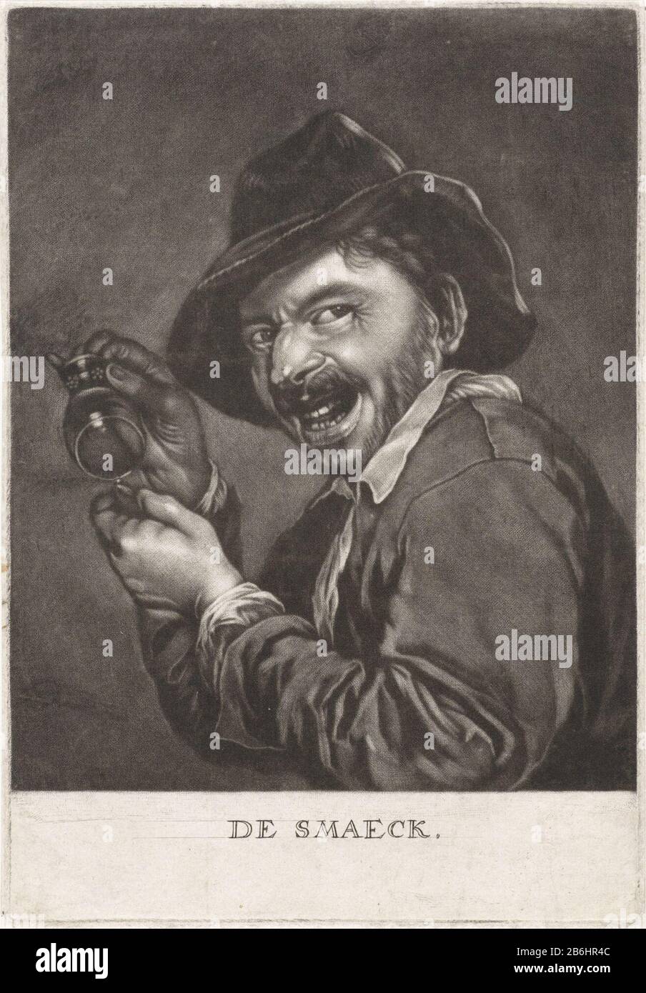 Der Geschmack Der Smaeck (Titelobjekt) Die fünf Sinne (Serientitel) Der Geschmackssinn. Ein Mann mit einem Hut auf dem Kopf ist ein leeres Glas in seinen Händen. Der Druck ist Teil einer Serie mit den fünf zotuigen. Hersteller : Druckmaschine: Pieter Schenk (I) zum Malen von: Petrus Staverenusuitgever: Pieter Schenk (I) Datum: 1670 - 1713 Physikalische Merkmale: Mezzotintmaterial: Papiertechnik: Mezzotintmaß: Plattenkante: H 192 mm × W 133 mm Betreff: Geschmack, Verkostung (einer der fünf Sinne) Glas, Rummer Stockfoto