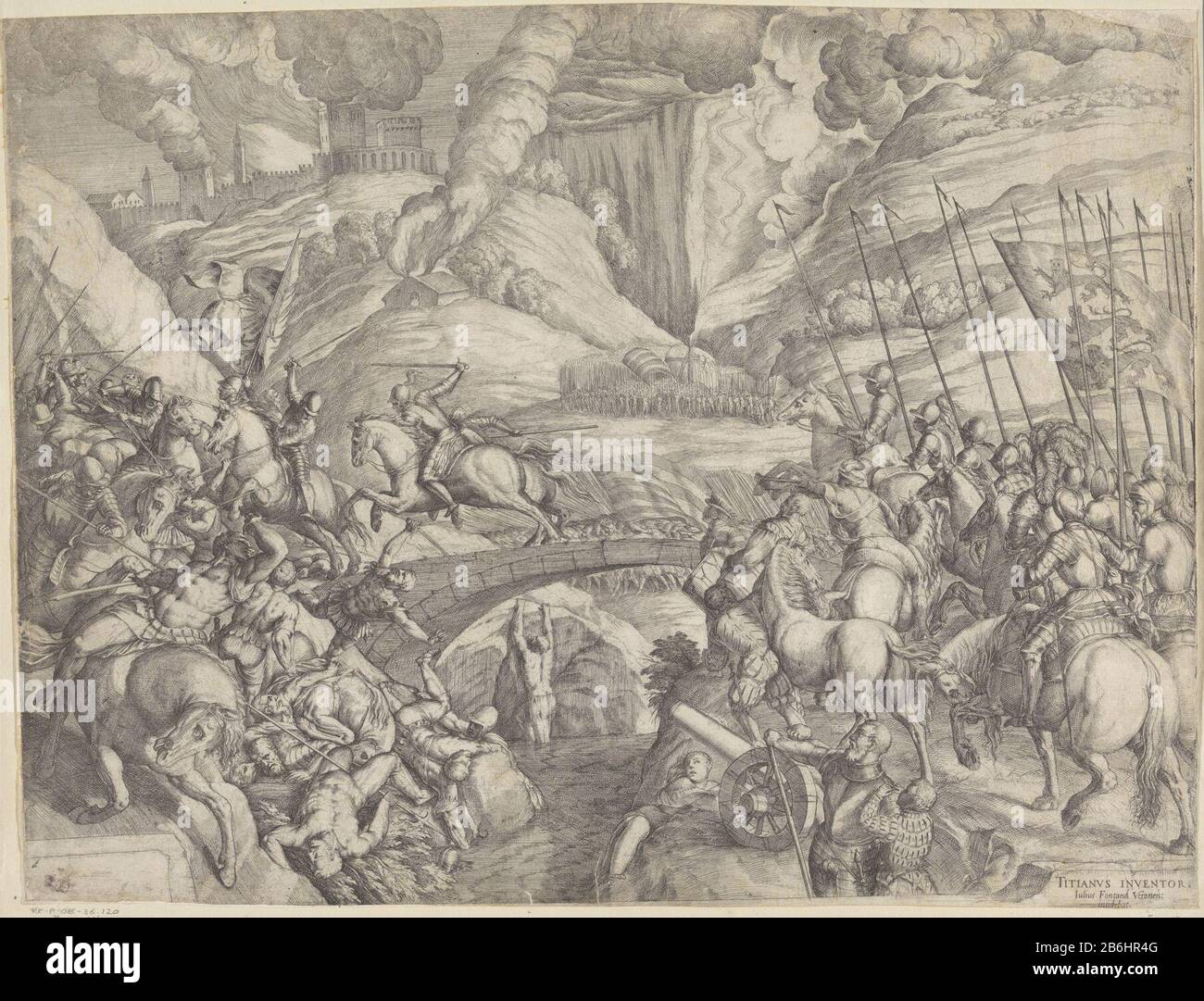 Die Schlacht von Spoleto Zwei Armeen kämpfen in einer Flusslandschaft mit einer Brücke über den Fluss. Im Hintergrund eine brennende Stadt. Zuvor wurde angenommen, dass die Schlacht von Cadore dargestellt wurde. Nun wird vermutet, dass die Schlacht von Spoleto im Jahre 1155, Wo: Das Heer von Kaiser Friedrich Barbarossas gegen die Einwohner von Spoleto kämpfte, denn dieser Papst Alexander III. Steunden. Hersteller: Druckmaschine: Giulio Fontana (denkmalgeschütztes Eigentum) von Titian (denkmalgeschütztes Eigentum) Hergestellt: Druckmaschine: Verona zur Gestaltung: Venedig Datum: 1553 - 1582 Physikalische Merkmale: Ätzmaterial: PA Stockfoto