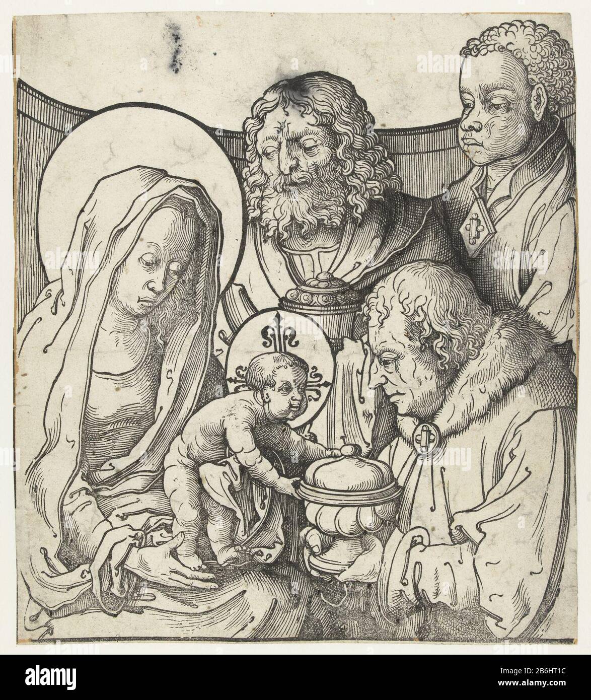 Die Anbetung der Magi die Anbetung des Christuskindes durch die drei Könige. Mit Holzwurm im Log abgedruckt, Bild mit Penseel bearbeitet. Hersteller: Druckmaschine: Anonym zu drucken von Lucas van Leyden (Fläche) Ort Herstellung: Niederlande Datum: 1513 - 1583 Physische Merkmale: Holzschnitt aktualisiert mit Pinselmaterial: Papiertechnik: Holzschnitt / Retusche Abmessungen: Oberfläche: H 265 mm × W 235 mm Betreff: Anbetung der Könige: Der Weise Präsentiert Seine Gaben dem Christusschild (Gold, Weihrauch und Myrrhe) Stockfoto