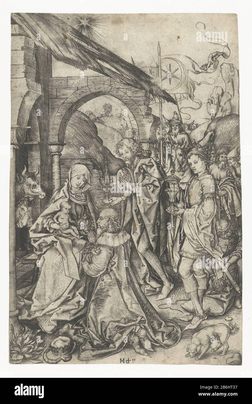 Die Anbetung der Magi Maria sitzt mit dem Christuskind auf dem Schoß für ein baufälliges Gebäude, Wo: Über einem hell strahlenden Stern. Ein Ochse und ein Esel, die hinter ihr stehen. Die drei Könige oder Magi bieten ihnen in ihrem Kielzog Kindergeschenke an. Hersteller : Druckerhersteller Martin Schongauer (börsennotierte Immobilie) Ort Herstellung: Deutschland Datum: 1470 - 1482 Abmessungen: Fahrzeugmaterial: Papiertechnik: Enga (Druckverfahren) Abmessungen: Blatt: H 253 mm × W 168 mm Betreff: Anbetung der Könige: Die Weisen überreichen Dem Christkind ihre Geschenke (Gold, Weihrauch und Myrrh) Stockfoto