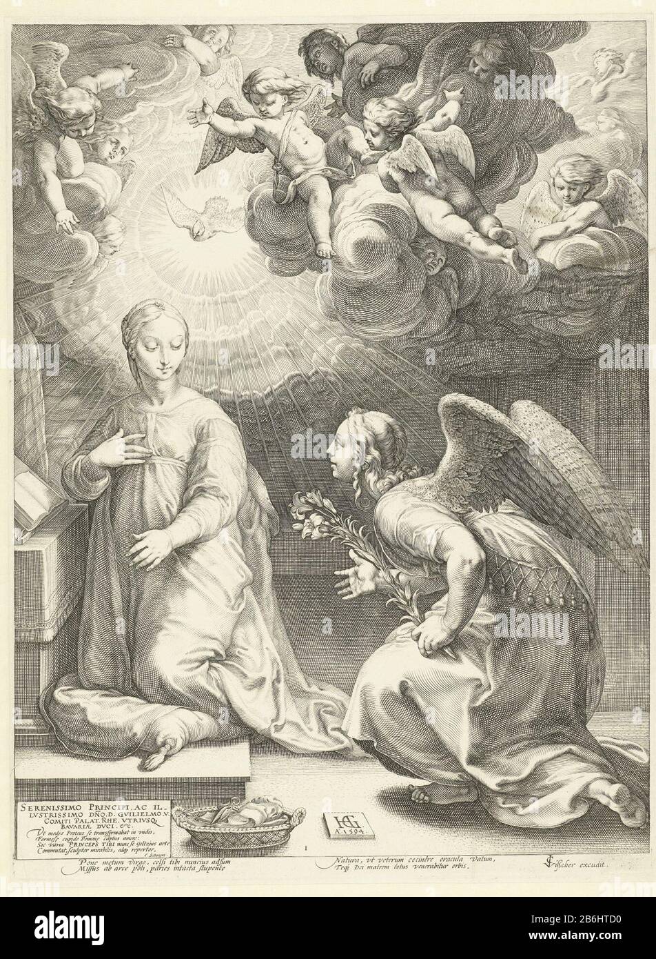 Marias Frühes Leben (Serientitel) Meisterwerke (Serientitel) der Engel Gabriel verkündete die Geburt Christi mit Maria, die an einem Rednerpult an den Knien sitzt. Vom Himmel fällt eine Taube, die von Engeln umgeben ist. Links unten im Aufführungsvertrag in lateinischer Sprache; unter der Show vier lateinische Verse. Dieser Druck ist Teil einer Serie von sechs Szenenabzügen aus dem frühen Leben Marias. "Die 'MAsterstücke' genannt, weil Goltzius das Werk mehrerer illustrer Vorgänger ist, hat nagehotst. Hersteller: Druckmaschine: Hendrick Goltzius (denkmalgeschütztes Gebäude) in seinem Design: Hendrick Goltzius (LIS Stockfoto