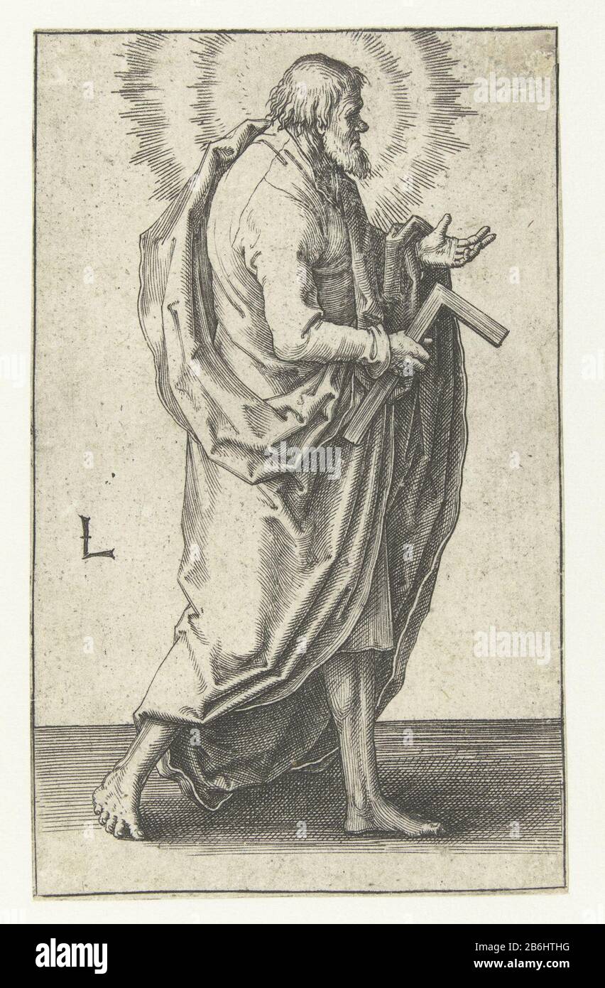 Judas Thaddaeus mit einem seiner Attribute: Der Passant. Hersteller: Druckmaschine: Lucas van Leyden (denkmalgeschütztes Gebäude) in seinem Entwurf: Lucas van Leyden Herstellung: Niederlande Datum: 1508 - 1512 Physikalische Merkmale: Fahrzeugmaterial: Papiertechnik: Engra (Druckverfahren) Abmessungen: Blatt : h × 116 mm b 72 mm Betreff: Der Apostel Jude Thaddaeus; mögliche Attribute: Buch, Verein, Halbband, nach rechts scrollen Stockfoto