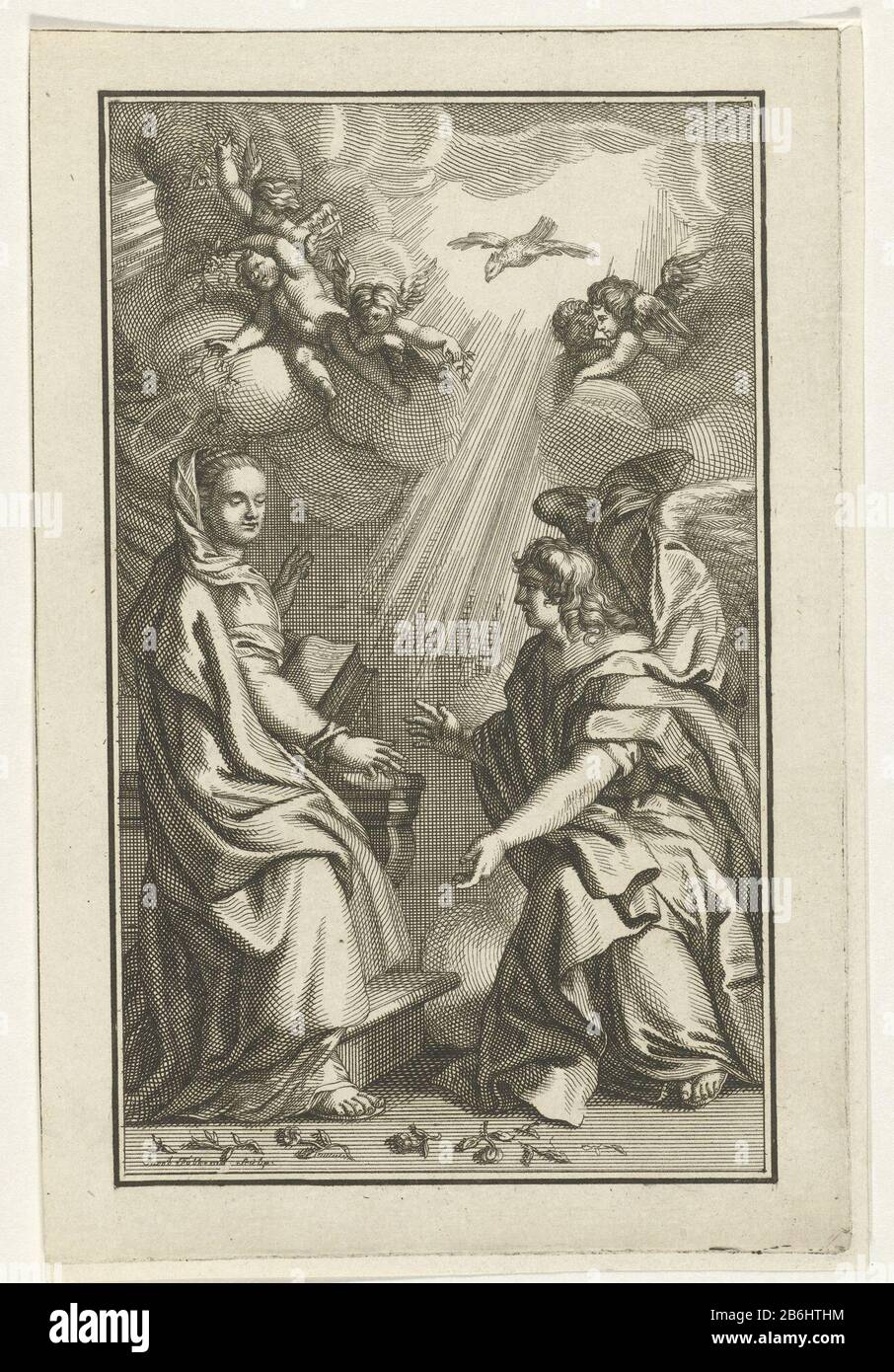 De annunciatie Mary blickt aus ihrem Buch Wann auf: Angel Gabriel ihren Besuch zur Geburt Christi, um zu verkünden. Im Himmel fliegt eine Taube, das christliche Symbol des Heiligen Geistes, mit links und rechts streuenden Blumen Engeltjes. Hersteller : Druckereiherr Jacob Folkema (denkmalgeschütztes Gebäude) Von: 1702 - 1767 Physikalische Merkmale: Ätzmaterial: Papiertechnik: Ätzmaße: Plattenkante: H 179 mm × W 118 mm Betreff: Die Verkündigung: Maria Benthisch, normalerweise lesend, wird vom Engel besucht (manchmal hört eine Frau das Gespräch) Stockfoto