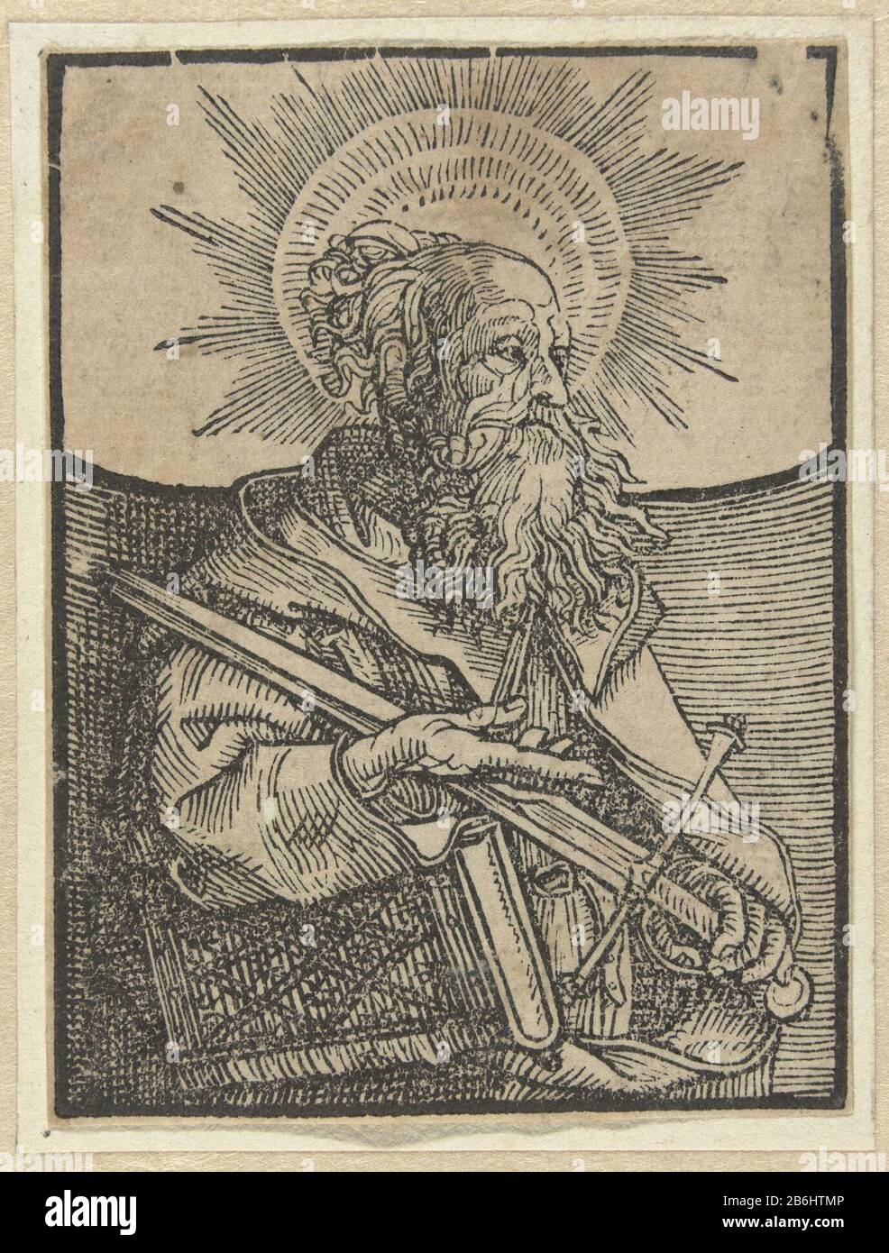 Der Apostel Paul, Christus und die Apostel (Serientitel) Eine Reihe acht Originale und vier Exemplare im Lager: Der Houtsneden. Hersteller: Druckmaschine: Anonym zu drucken von Jacob Cornelisz. Von Oostsanen dating: 1518 - 1550 Physische Merkmale: Holzschnittmaterial: Papiertechnik: Holzschnittmaße: Blatt: H 75 mm × W 56 mm Betreff: Der Apostel Paul von Tarsus; mögliche Attribute: Buch, Schriftrolle, Schwert Stockfoto