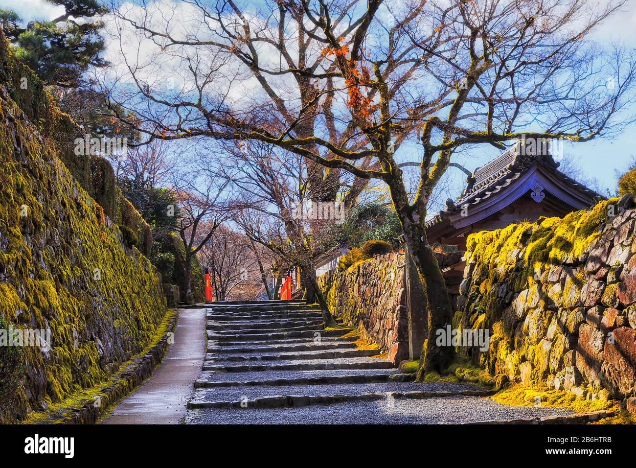 Steg zwischen alten Steinmauern, die von grünem Moos und Pilz bedeckt sind, in dem historischen ländlichen japanischen Dorf Ohara in der Nähe von Kyoto. Stockfoto