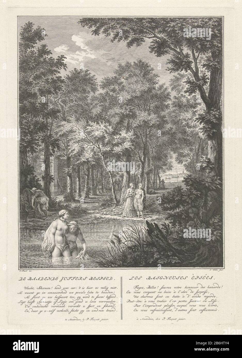 Zwei Badedamen werden von zwei Männern im Gebüsch beobachtet. Im Hintergrund spazieren unter den Bäumen einige figuren. Hersteller : Druckerhersteller Simon Fokke (denkmalgeschütztes Eigentum) von Cornelis Troost (denkmalgeschütztes Gebäude) Autor: Anonymer Verleger: Pierre Fouquet (denkmalgeschütztes Eigentum) Herstellung: Amsterdam Datum: 170-1796 Physikalische Eigenschaften: Ätzmaterial: Papiertechnik: Ätzmaße: Plattenkante: H 374 mm × W 268 mmToelichtingVoortekening im RPK vorhanden, Objektnummer RP-T-1987-16. Platte 7 aus den Buchszenen aus dem zivilen Leben der Niederländer im achtzehnten Jahrhundert / tir Stockfoto