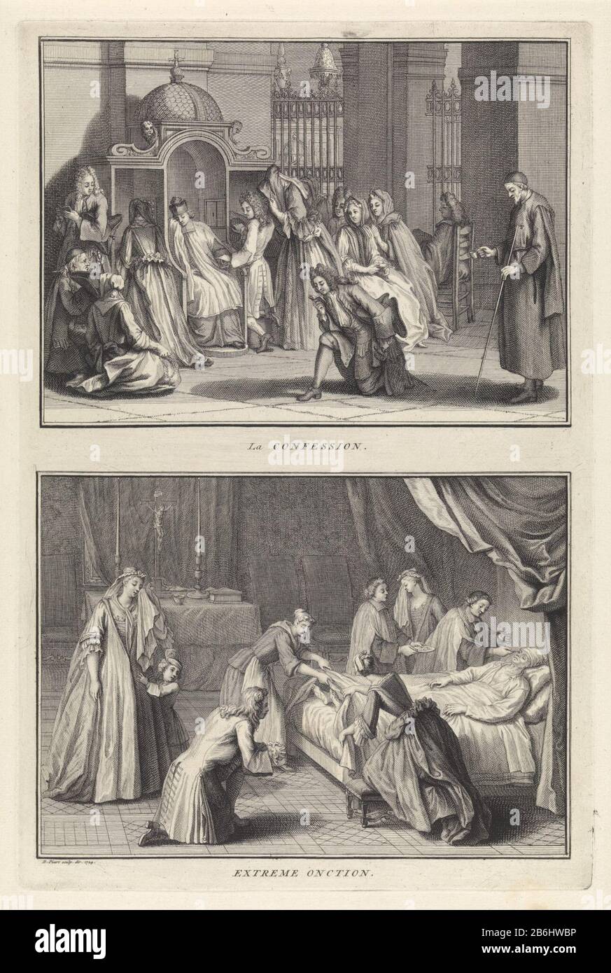 Beichte Die extreme Verfügung La Confession Extreme Onction (Titelobjekt) Leaf mit zwei Darbietungen der Römisch-katholischen Abendmahlskelche, Beichte und extremer Verfügung oder Salbung der Kranken. Oben: Verschiedene Menschen stehen in der Kirche für den Beichtstuhl. Ein Priester legt das Geständnis ab. Unten: Ein Sterben wird von einem Priester der extremen Verfügung operiert. Der Priester salbt seine Augen. Zwei Frauen legen die Füße des Sterbenden frei, damit auch seine Füße gesalbt werden. Ein Mann betet kniet am Bett. Eine Frau bleibt huilen. Hersteller: Druckmaschine: Bernard Picart (Studio) Aufsicht: Bernard Picart ( Stockfoto