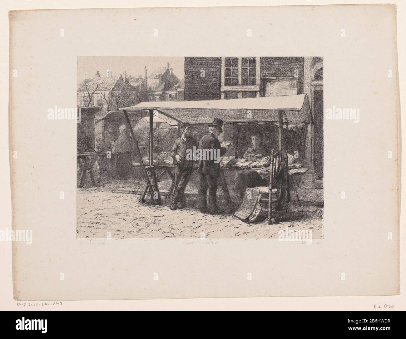 Josefs Blockbuchstall am Grote Markt in den Haag ein Kunde inspiziert eine Arbeit vom Stall aus. Neben ihm befindet sich der Besitzer Joseph Block mit einer Pfeife im Mund. Hinter dem Messestand Sitzt Wo: Offenbar seine Frau Saartje Bloemkoper. Hersteller : Druckerhersteller Jan Mesker (denkmalgeschütztes Eigentum) zur Malerei Theo Mesker (denkmalgeschütztes Gebäude) Drucker Samuel Lankhout & Co (denkmalgeschütztes Eigentum) Ort Herstellung: Den Haag Datum: 1879 Physikalische Merkmale: Lithographisches Schwarz mit grauem Tonblockmaterial: Papiertechnik: Tonlithographie-Abmessungen: Blatt: H 266 mm × W 354 mmToelichtingPrent in Kunstkron veröffentlicht Stockfoto